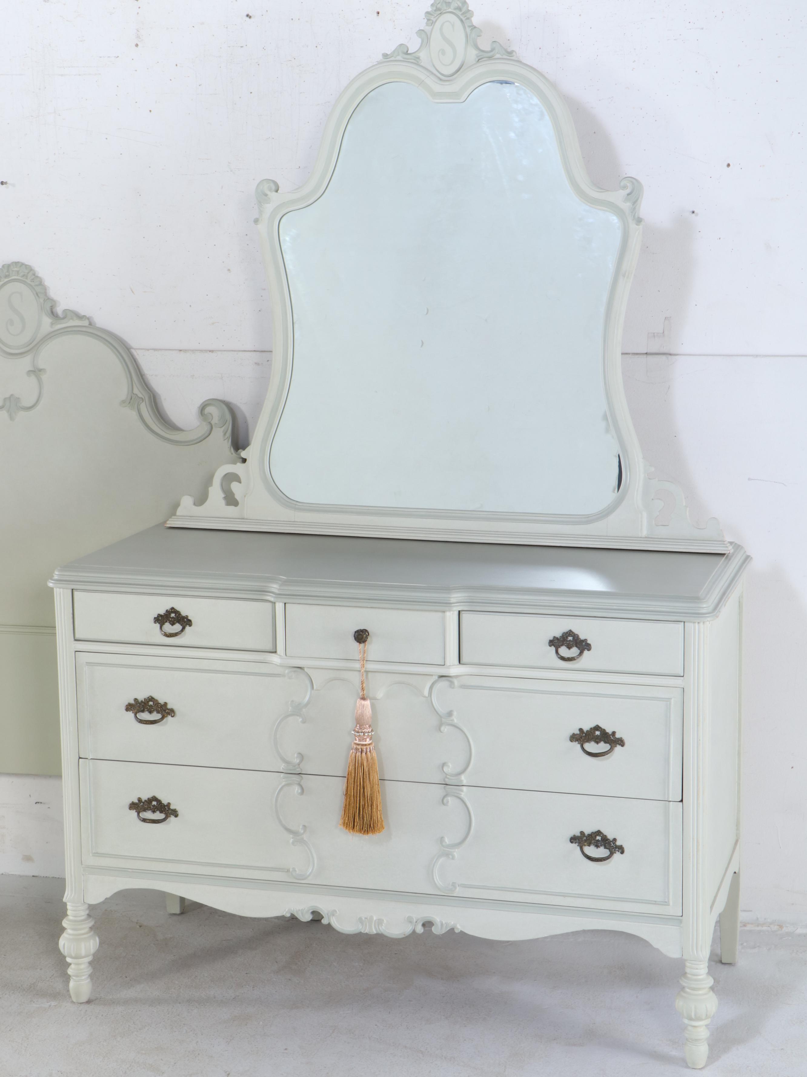 Three-Piece Painted Art Deco Style Bedroom Suite with Storage Ottoman