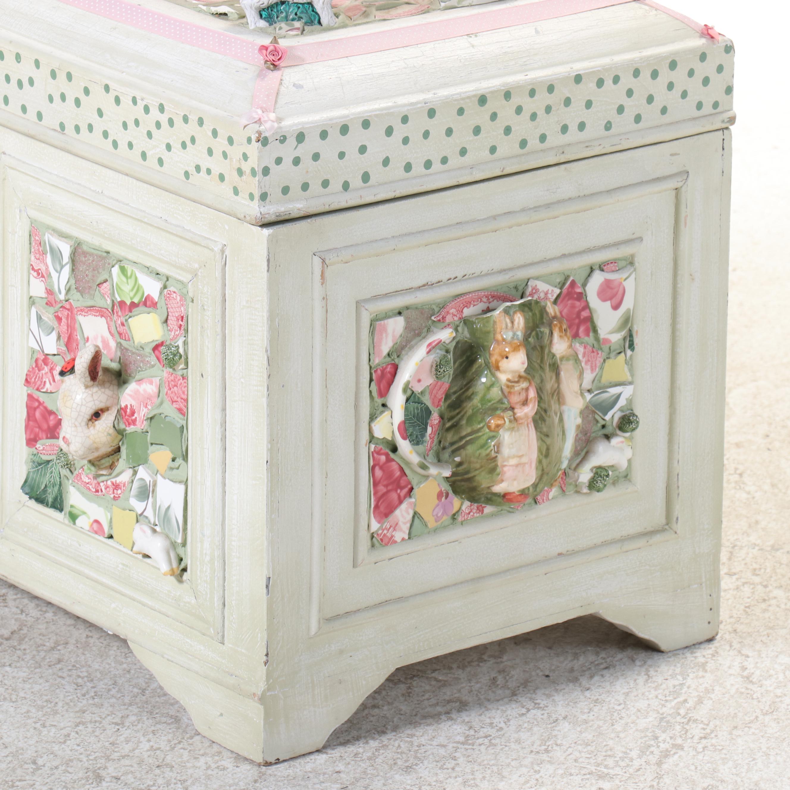 Painted and Ceramic Mosaic Decorated Wooden Trunk