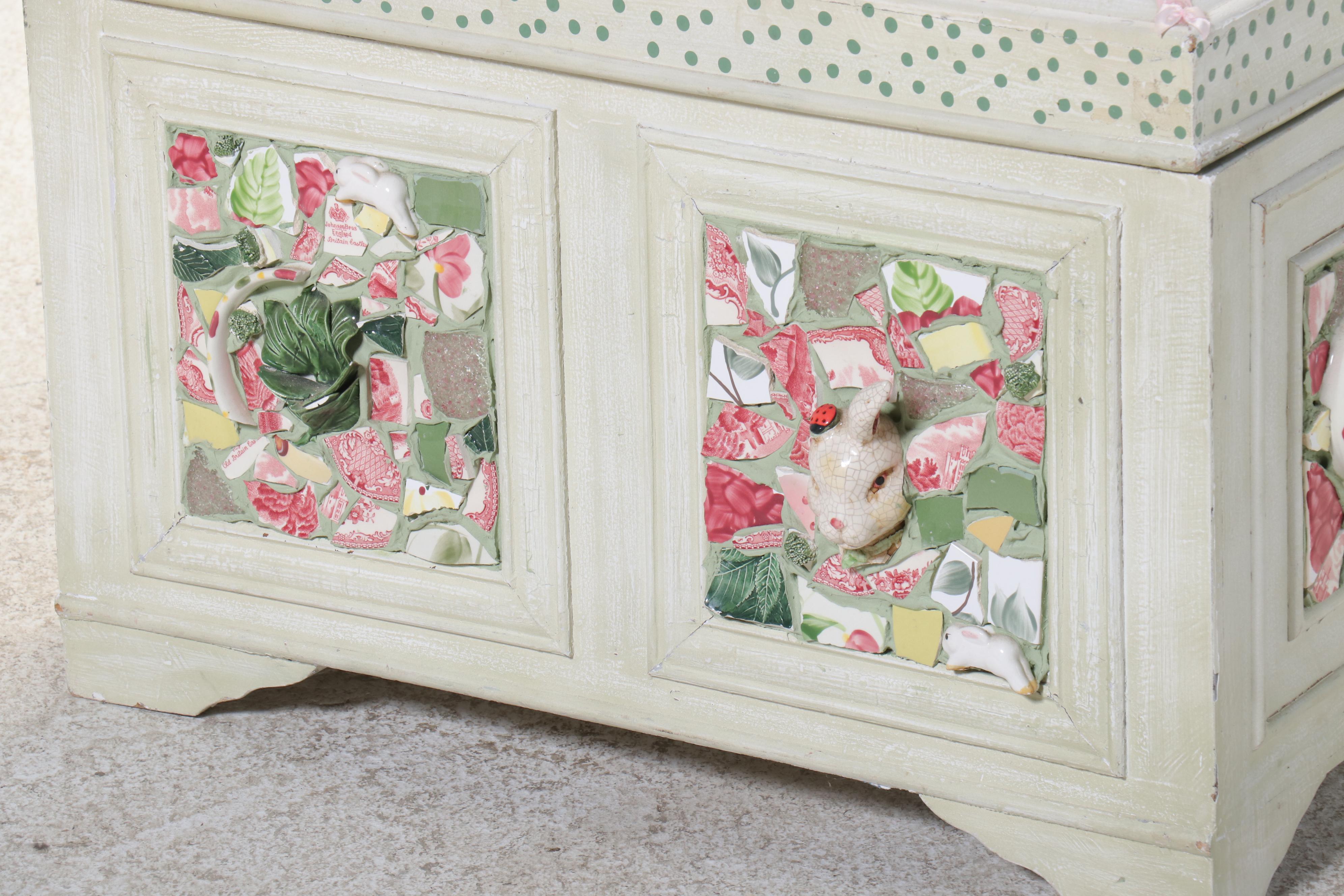 Painted and Ceramic Mosaic Decorated Wooden Trunk