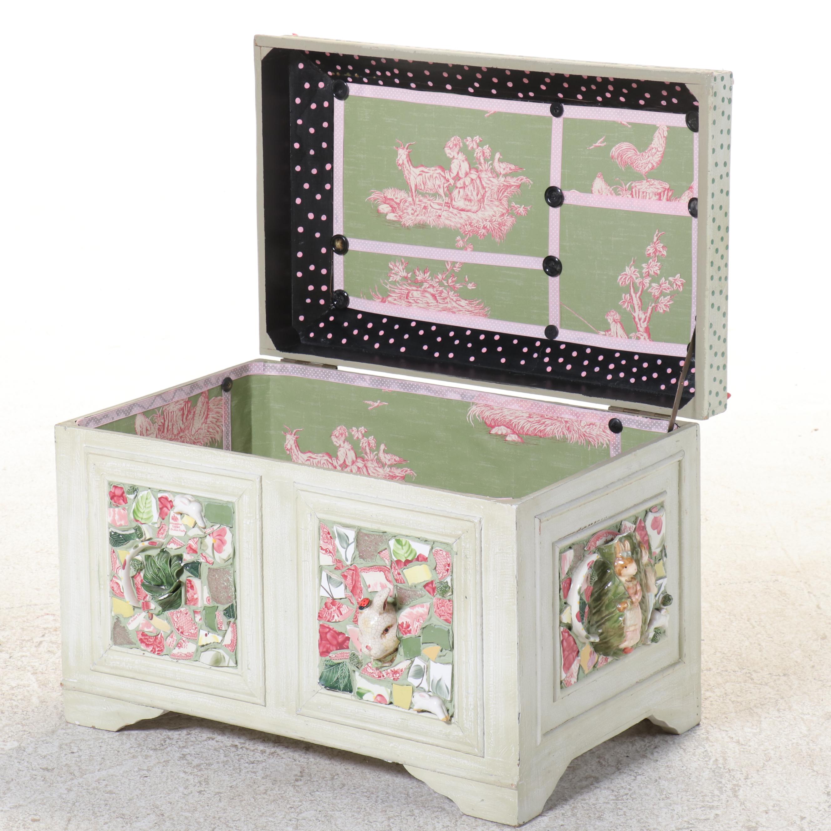 Painted and Ceramic Mosaic Decorated Wooden Trunk