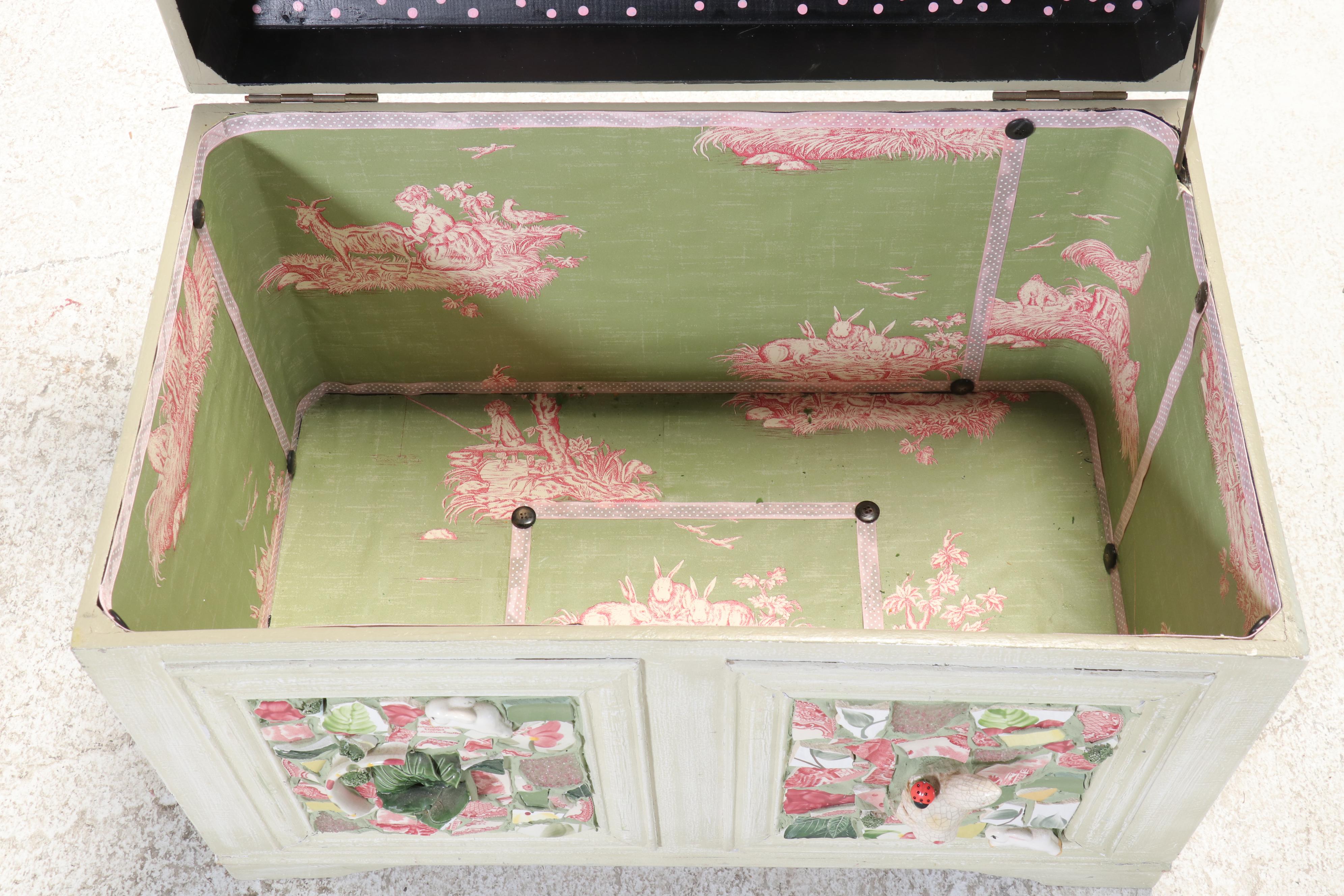 Painted and Ceramic Mosaic Decorated Wooden Trunk