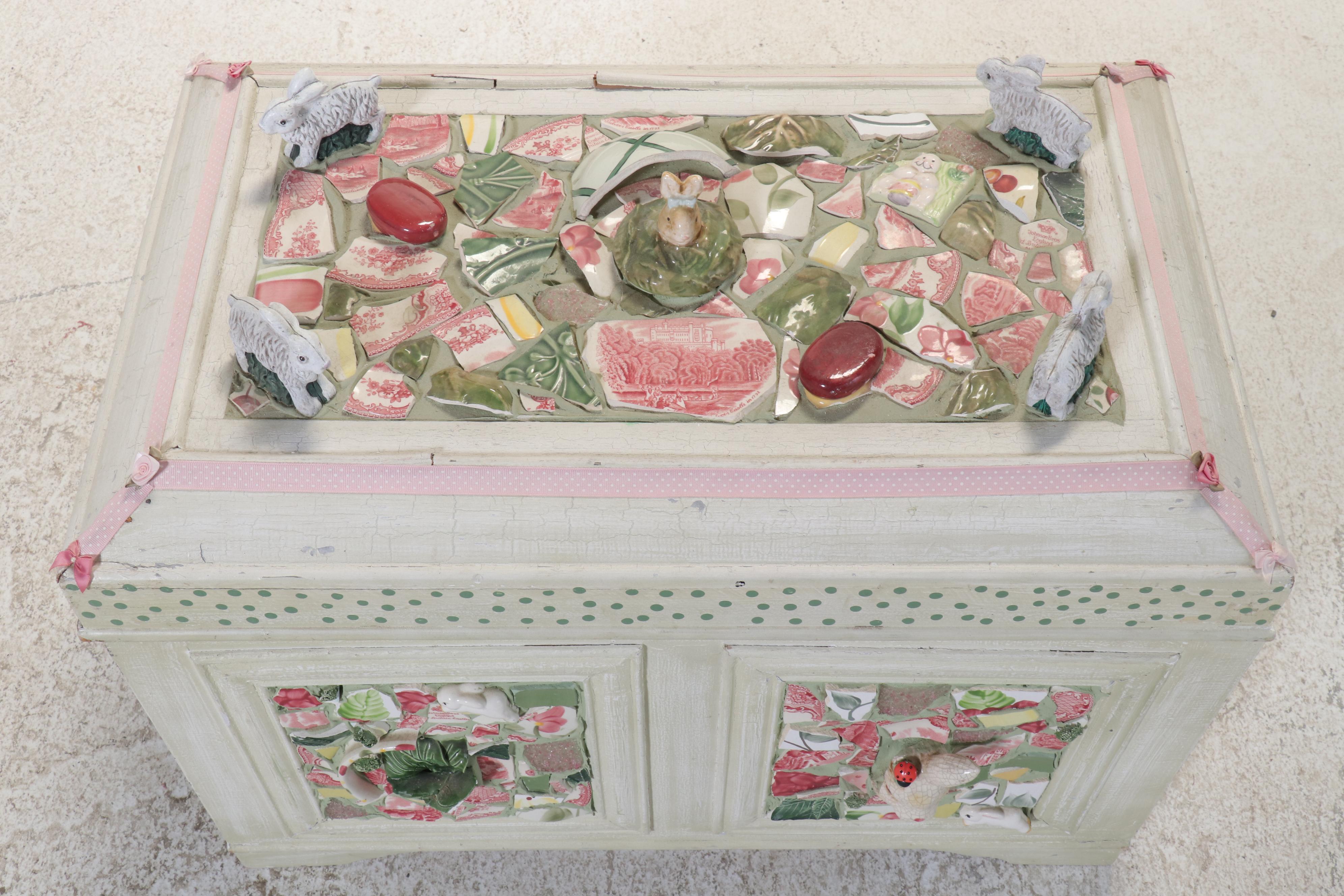 Painted and Ceramic Mosaic Decorated Wooden Trunk