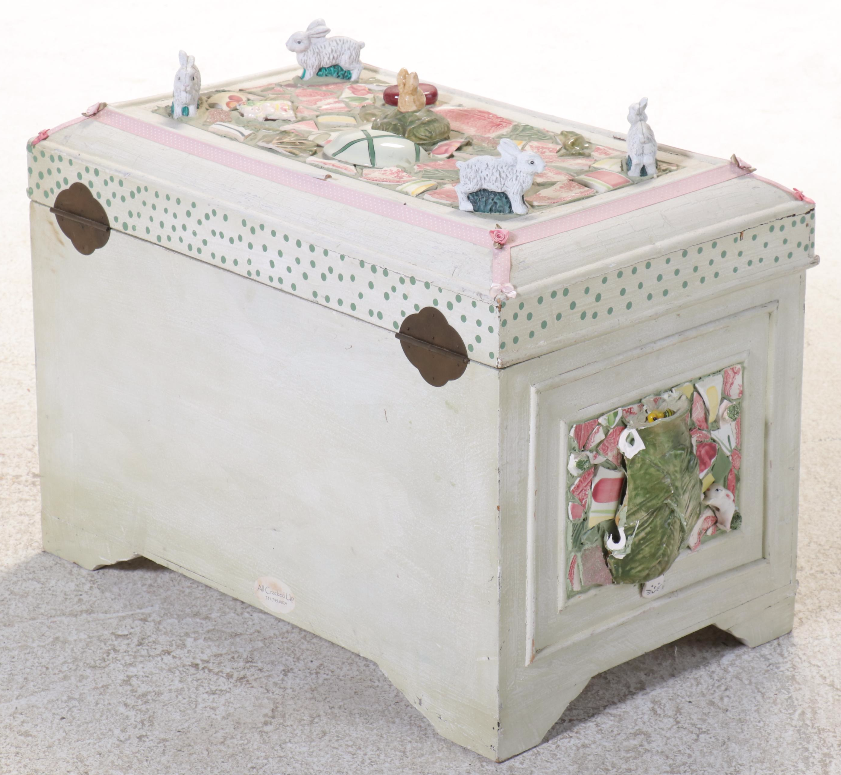 Painted and Ceramic Mosaic Decorated Wooden Trunk
