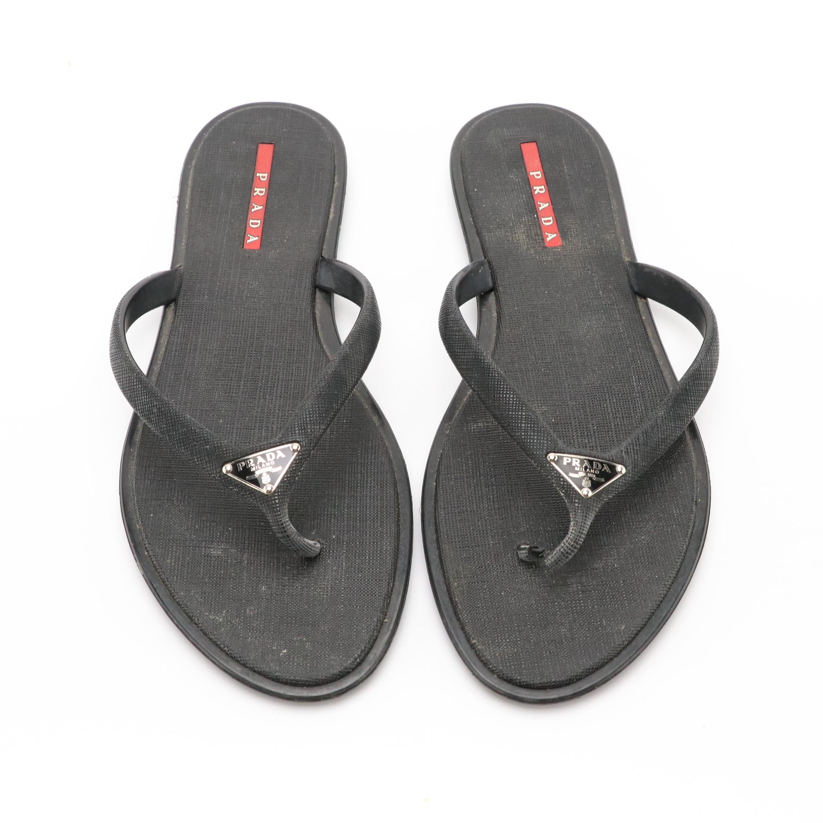 Prada Sport Black Textured Rubber Flip-Flops with Nylon Zip Case