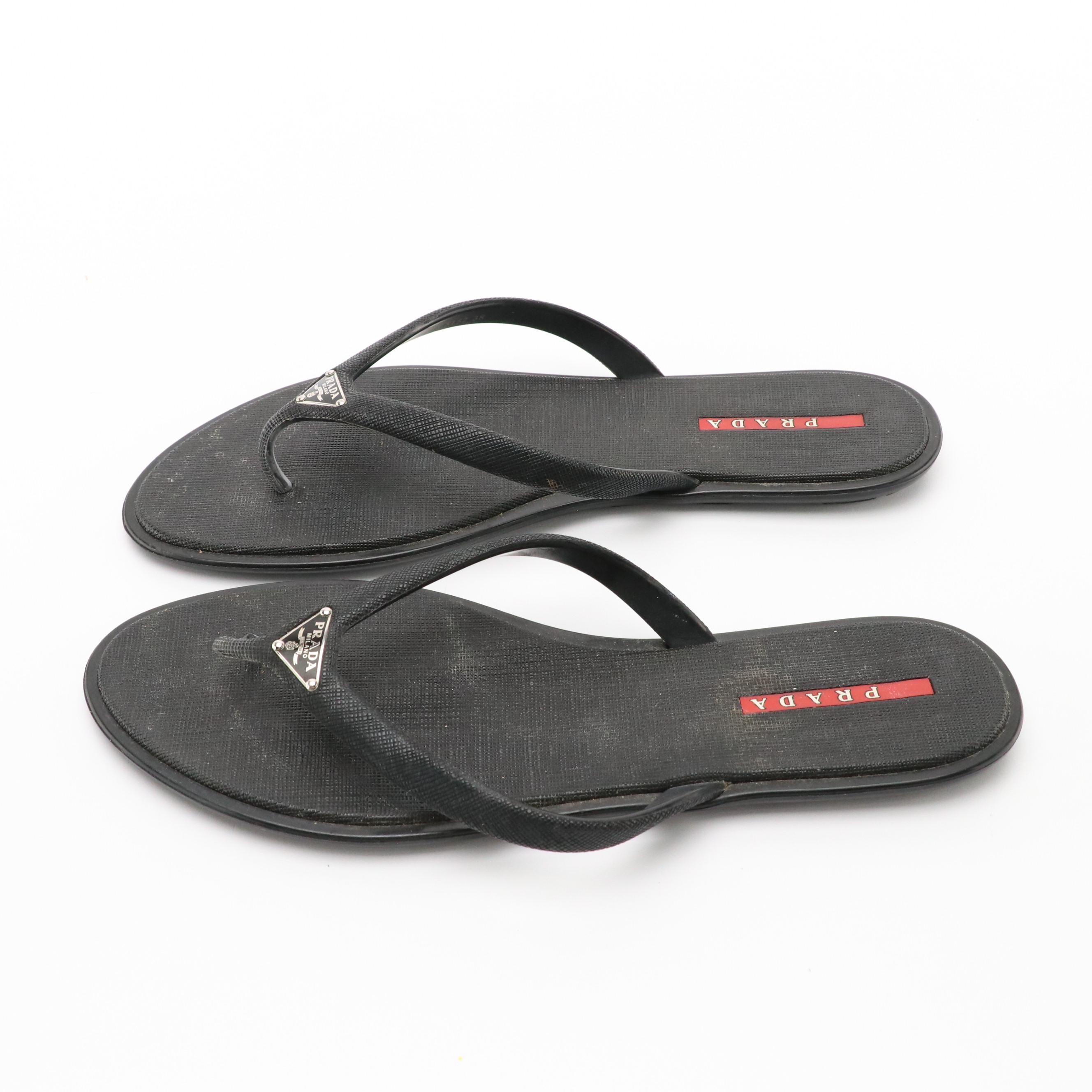 Prada Sport Black Textured Rubber Flip-Flops with Nylon Zip Case