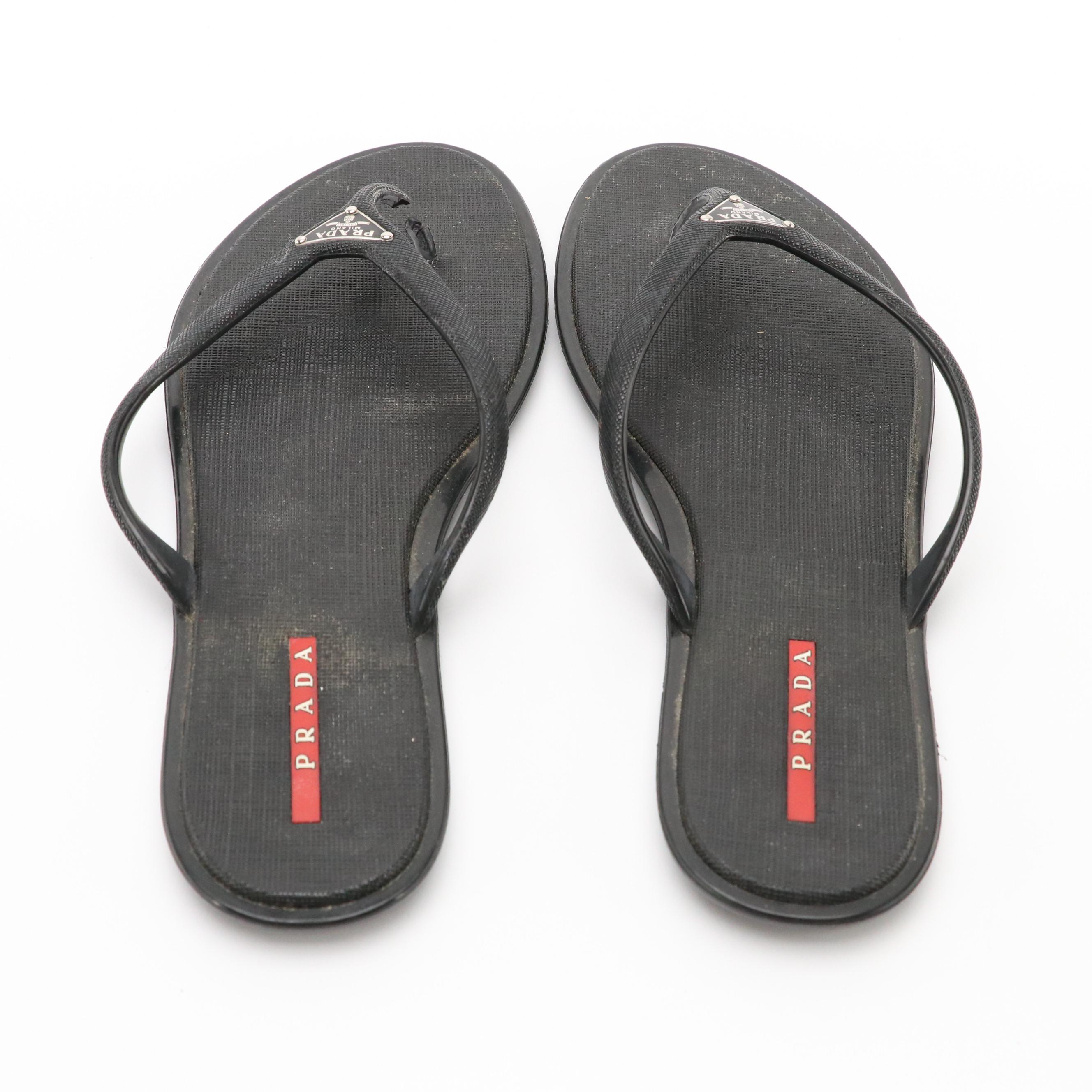 Prada Sport Black Textured Rubber Flip-Flops with Nylon Zip Case