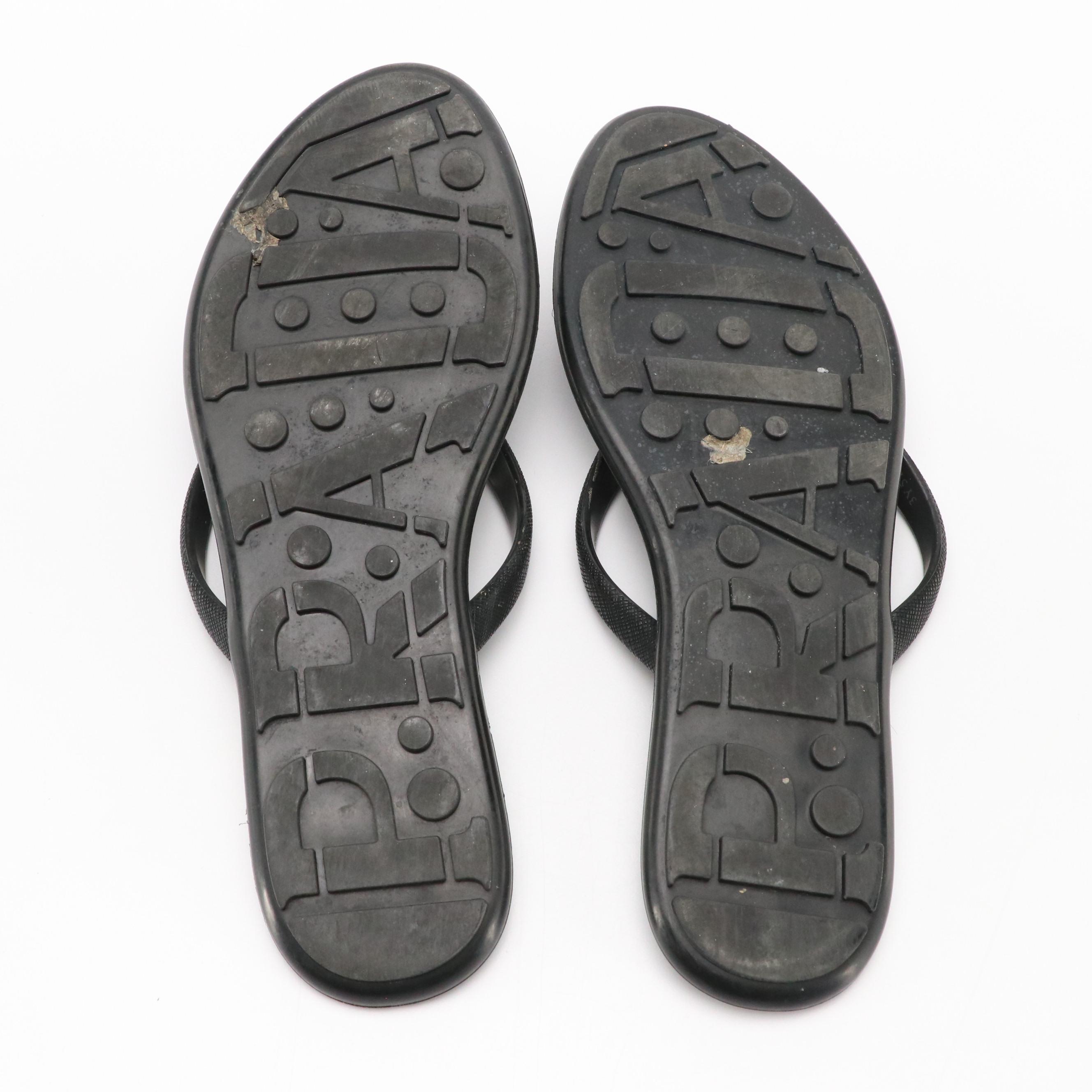 Prada Sport Black Textured Rubber Flip-Flops with Nylon Zip Case