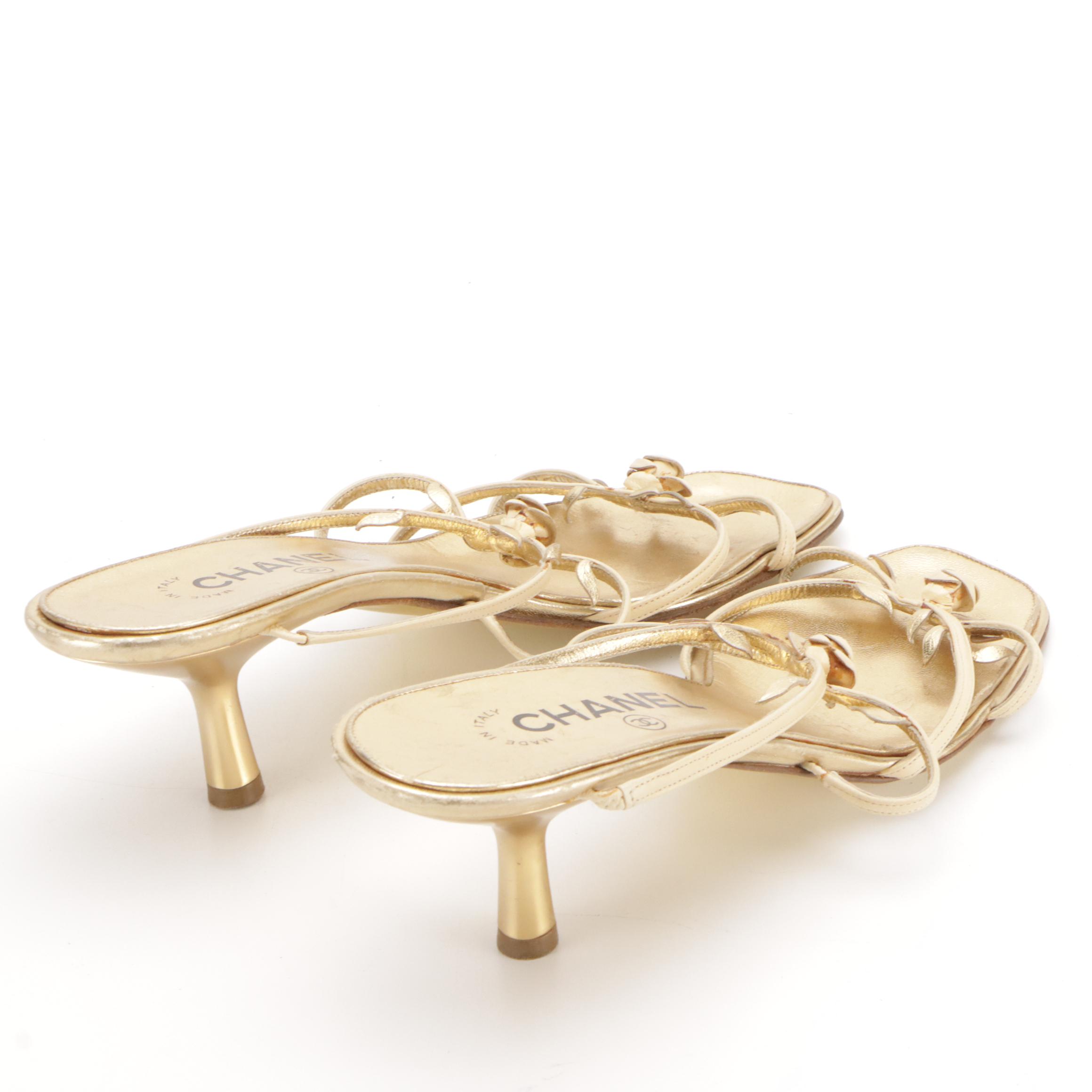 Chanel Gold Leather Criss-Cross Strap Rosebud Sandals
