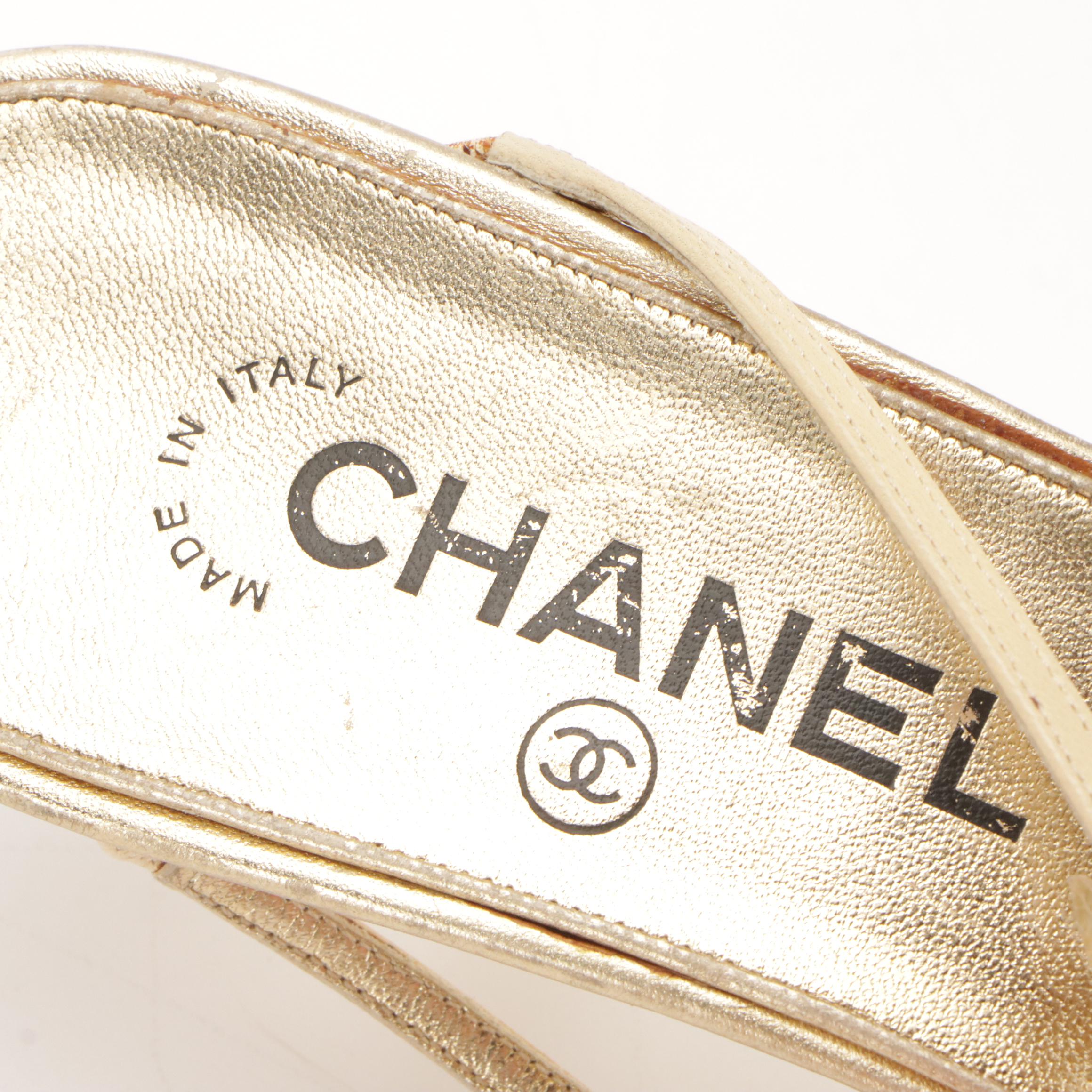 Chanel Gold Leather Criss-Cross Strap Rosebud Sandals