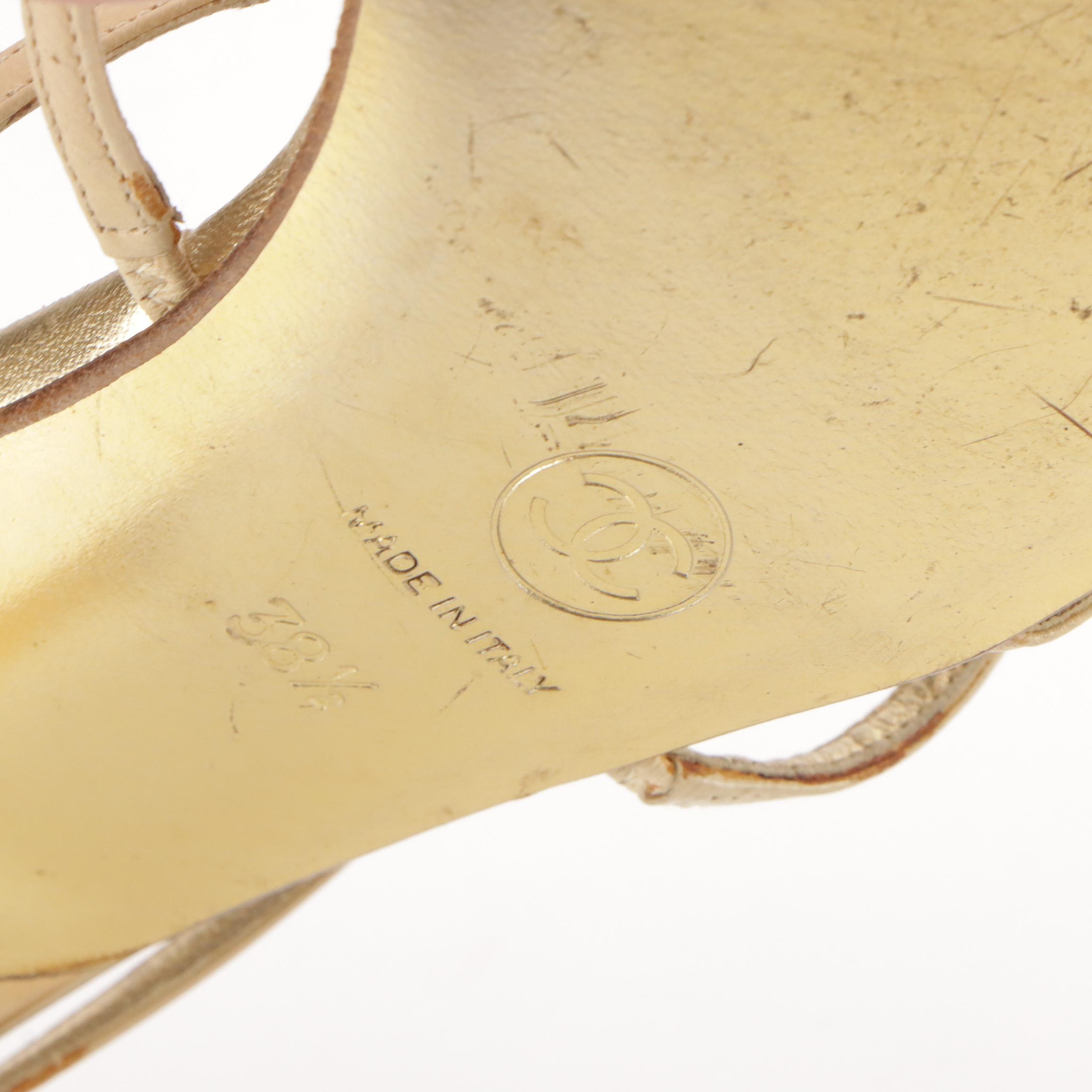 Chanel Gold Leather Criss-Cross Strap Rosebud Sandals