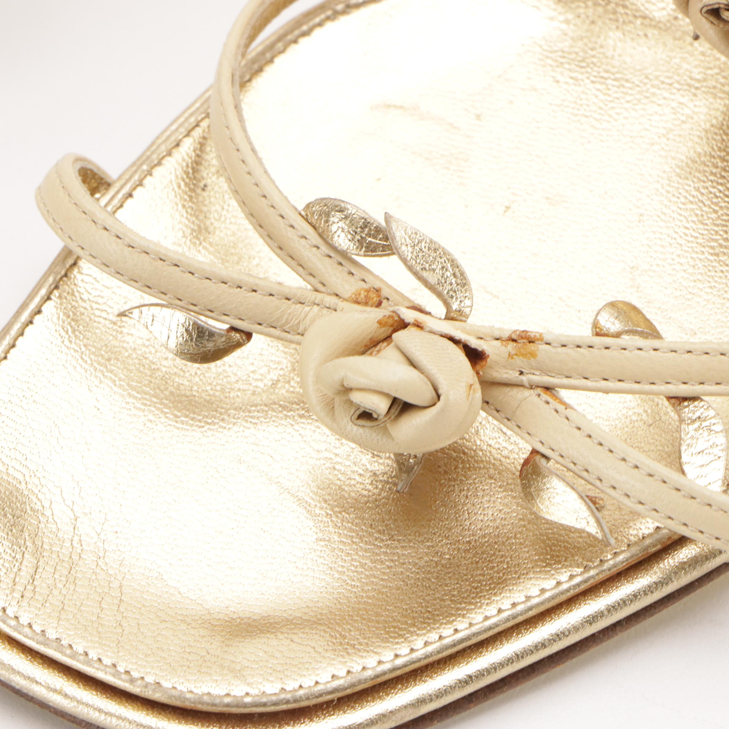 Chanel Gold Leather Criss-Cross Strap Rosebud Sandals