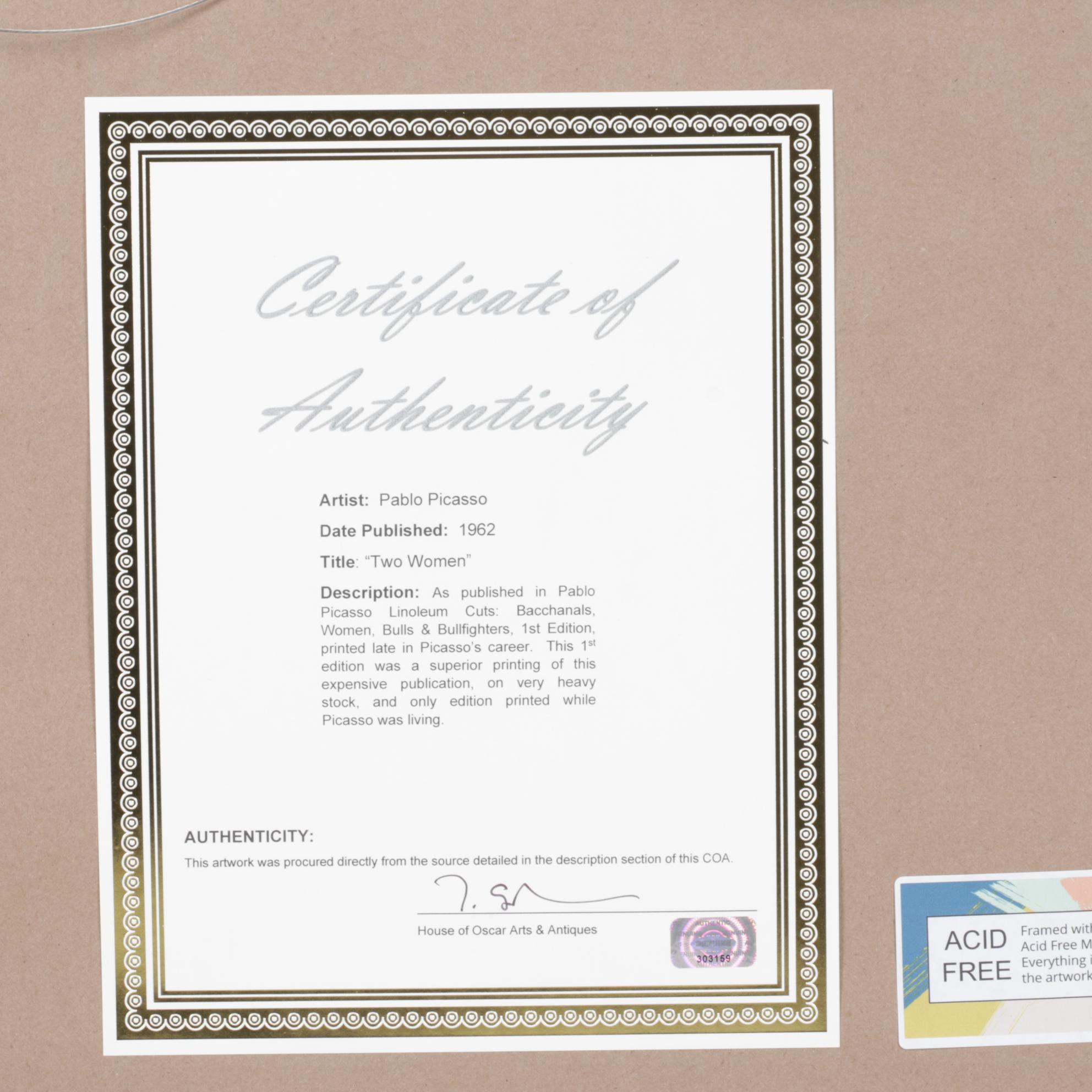 Pablo Picasso Linocut "Deux Femmes Avec un Vase à Fleurs," 1962