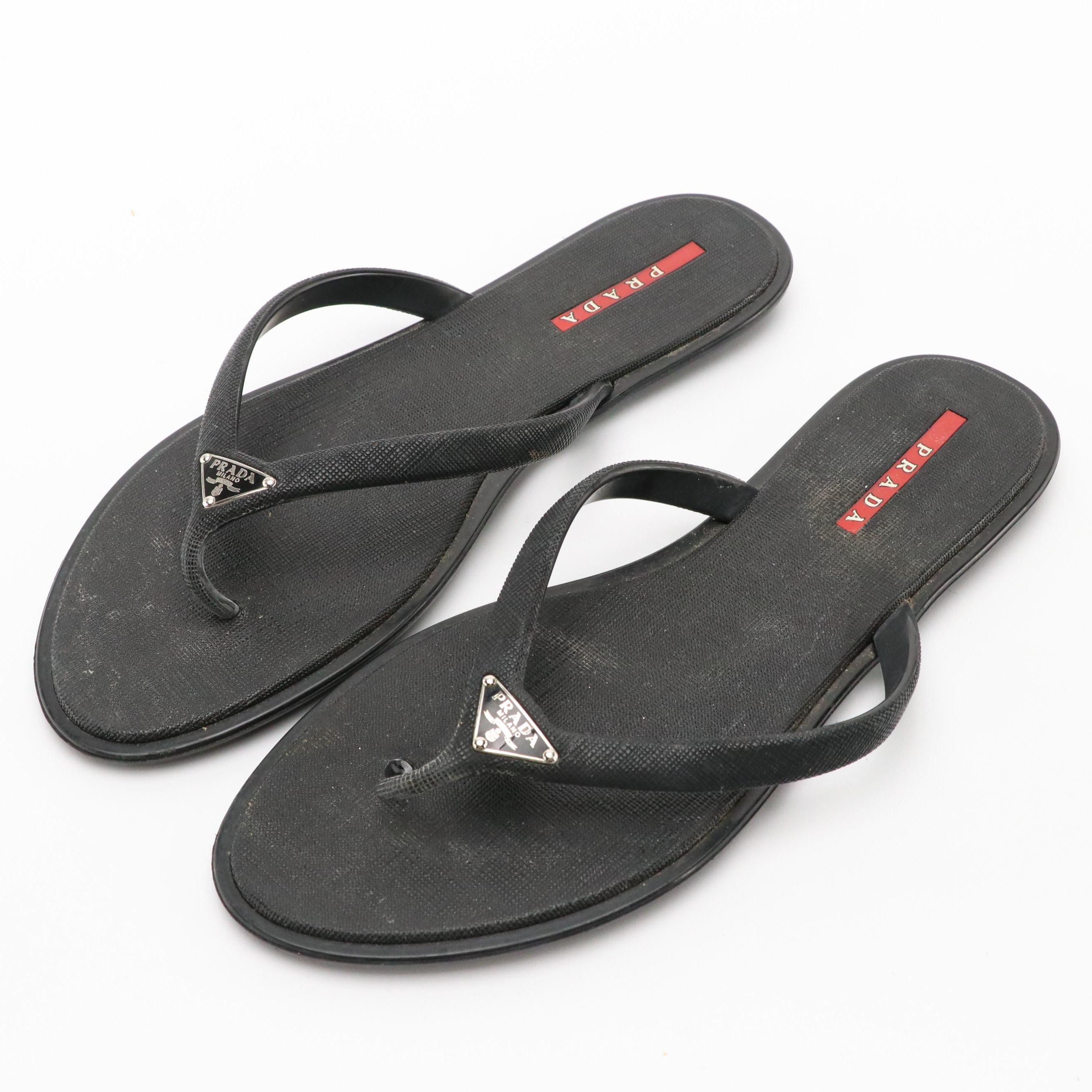 Prada Sport Black Textured Rubber Flip-Flops with Nylon Zip Case