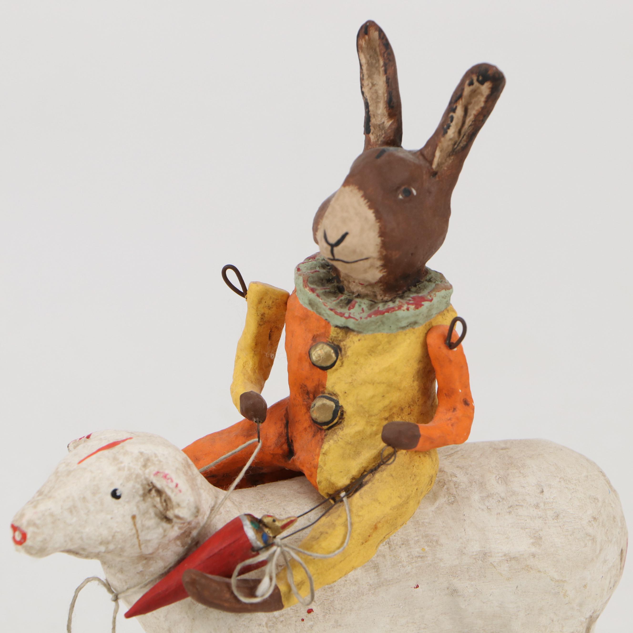 Debbee Thibault Folk Art Style Composite Figurine of Clown Rabbit Riding Ram