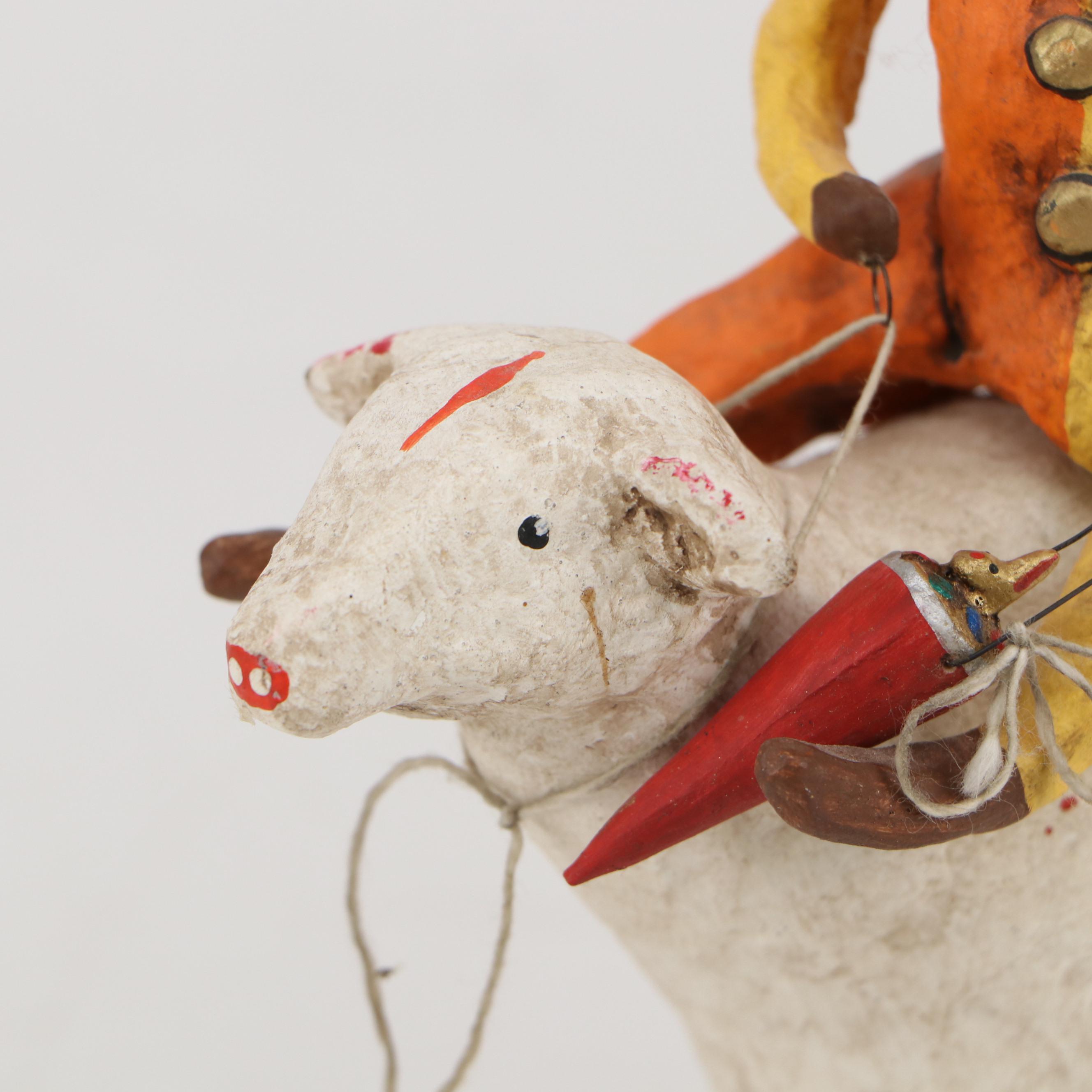 Debbee Thibault Folk Art Style Composite Figurine of Clown Rabbit Riding Ram