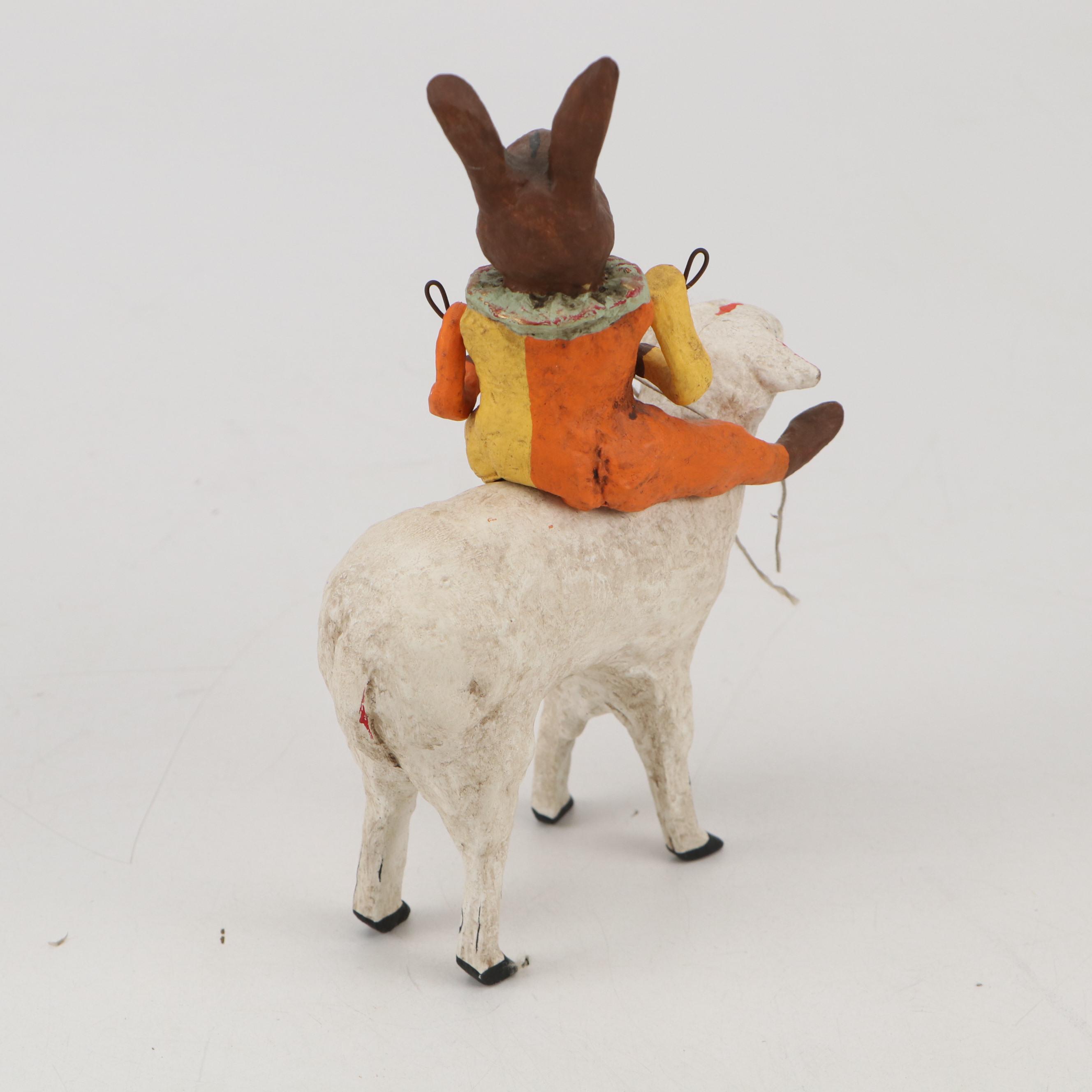 Debbee Thibault Folk Art Style Composite Figurine of Clown Rabbit Riding Ram