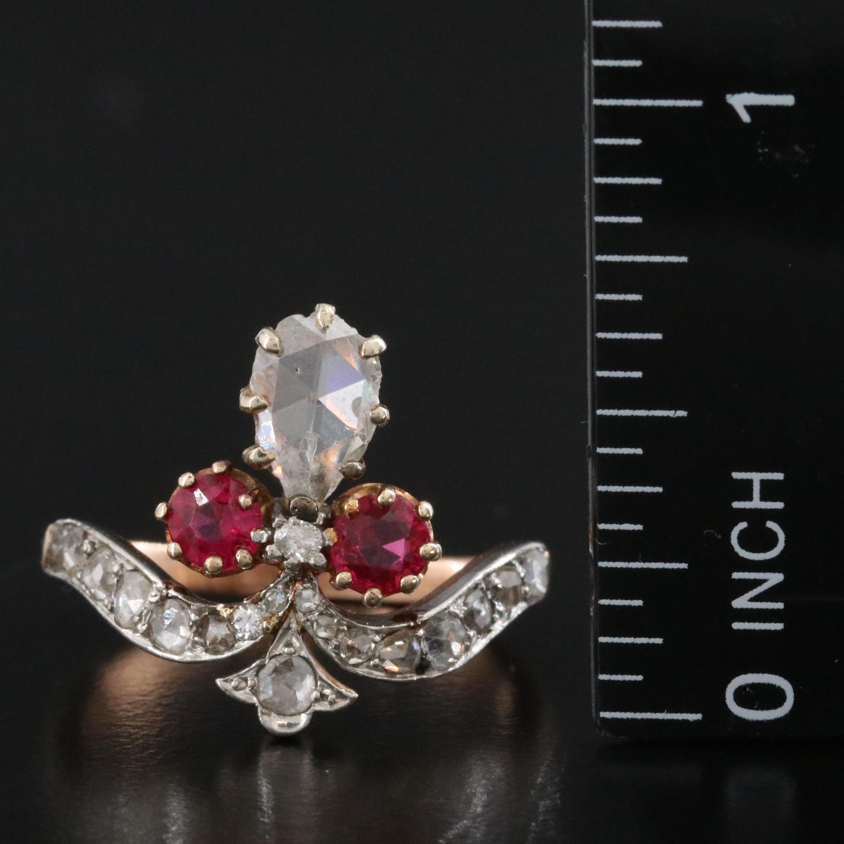 Late Victorian 18K Rose Gold 0.55 CTW Diamond and Ruby Ring with Platinum Top