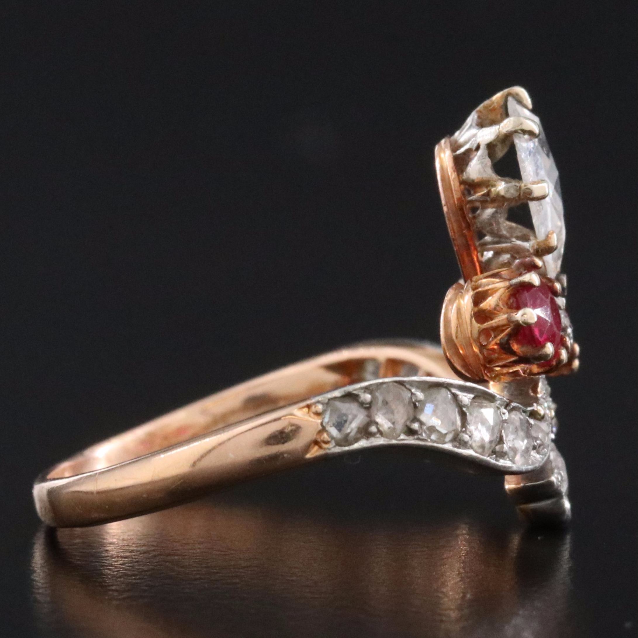 Late Victorian 18K Rose Gold 0.55 CTW Diamond and Ruby Ring with Platinum Top