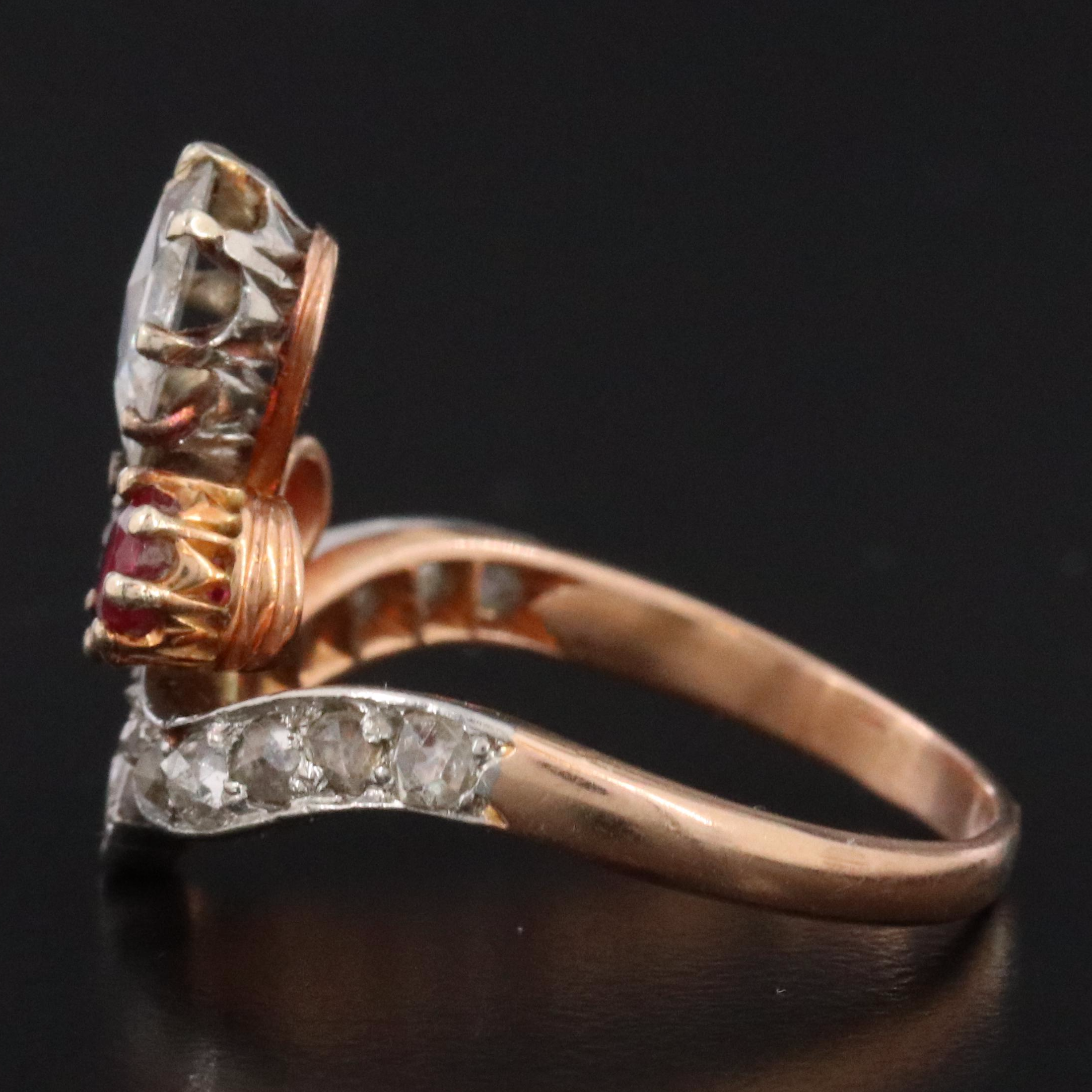 Late Victorian 18K Rose Gold 0.55 CTW Diamond and Ruby Ring with Platinum Top