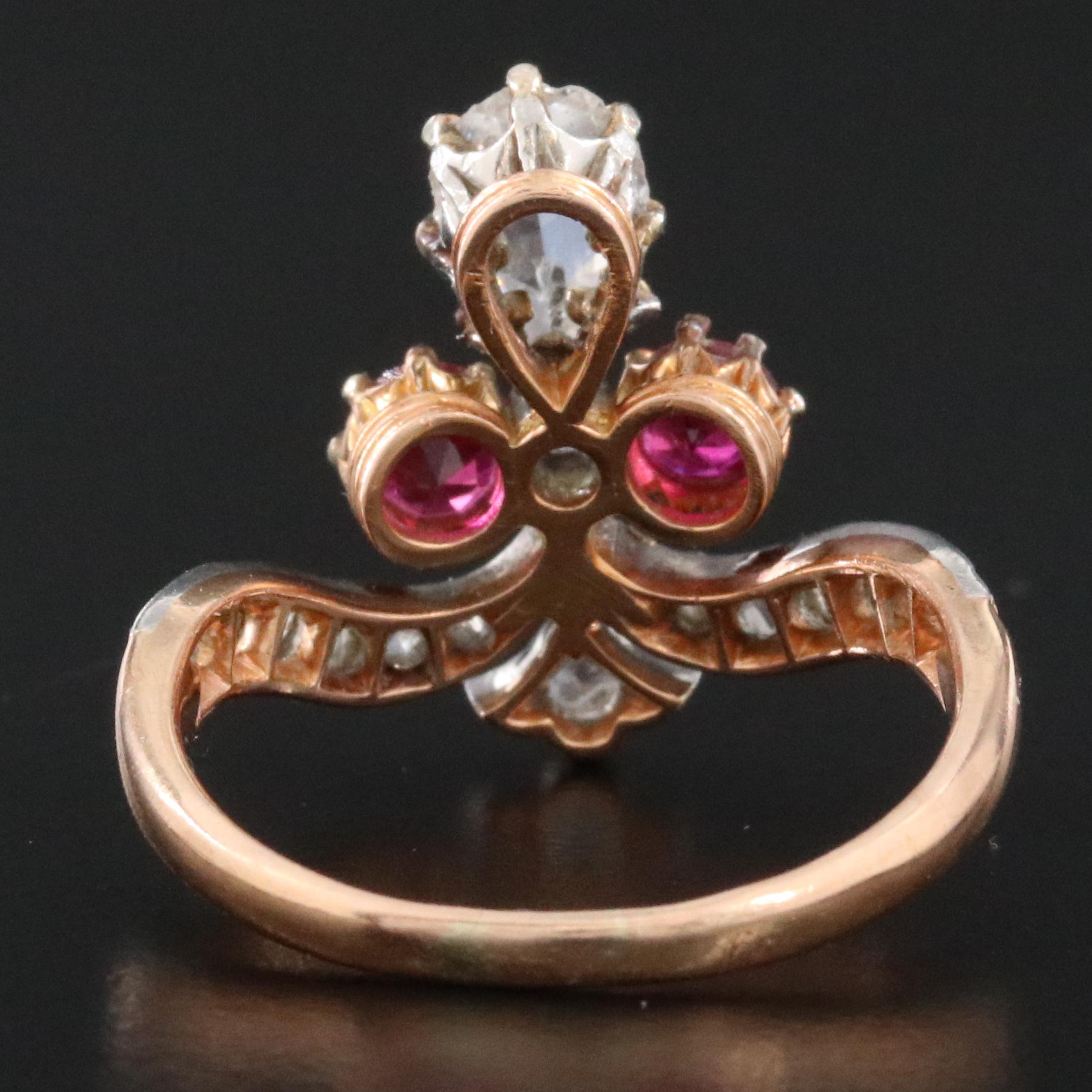 Late Victorian 18K Rose Gold 0.55 CTW Diamond and Ruby Ring with Platinum Top