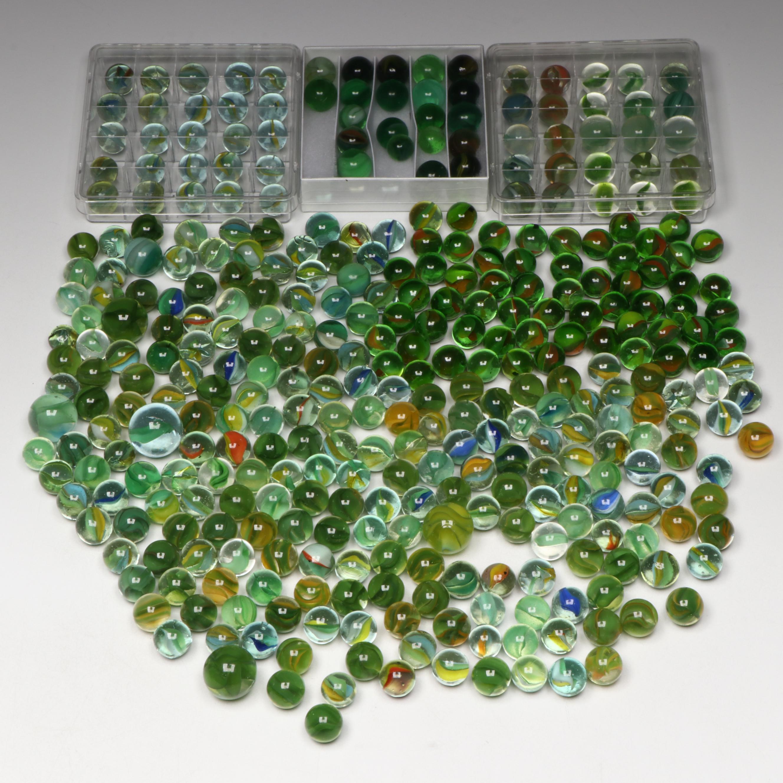 Marble King and Other Green with Aventurine Cat's Eye Glass Marbles