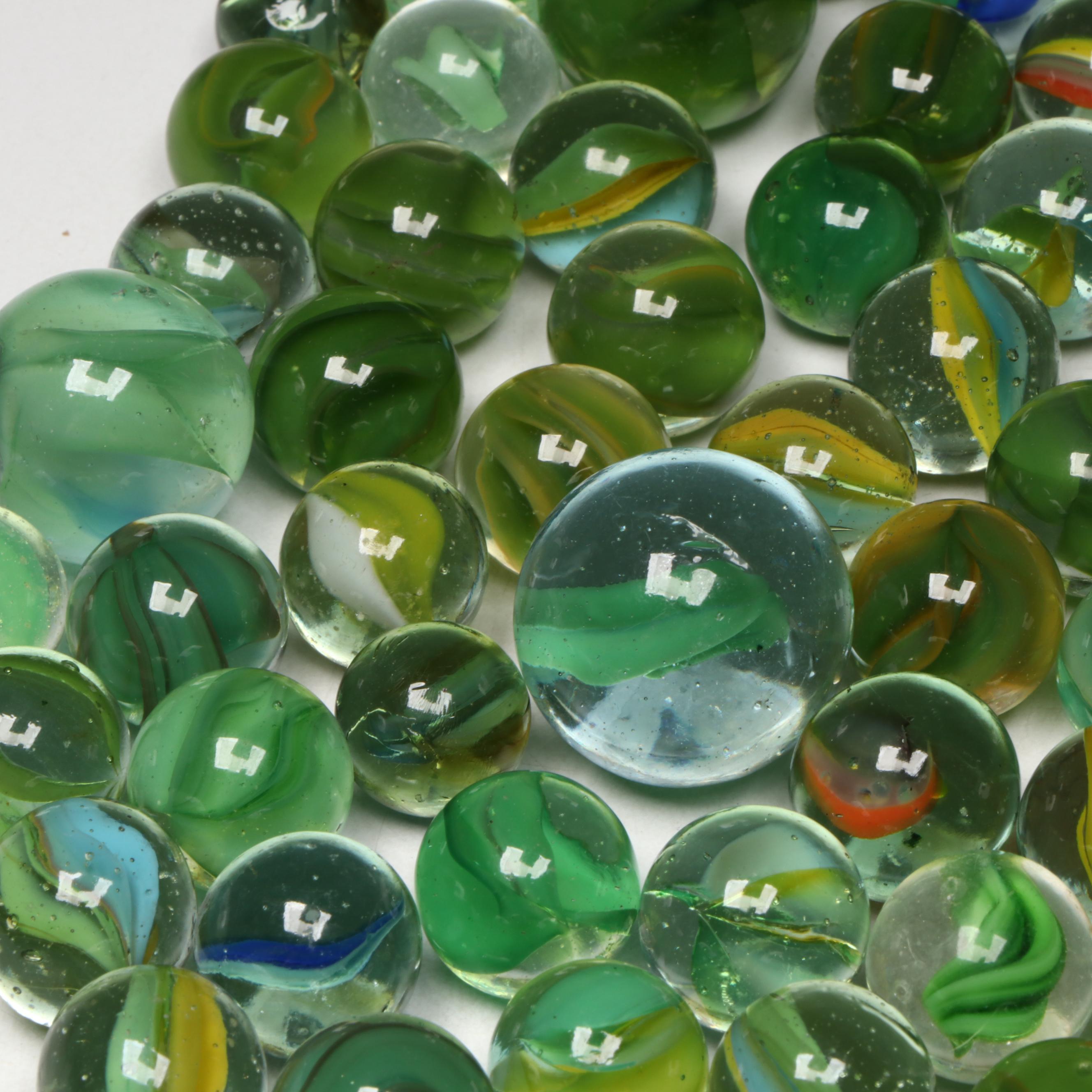 Marble King and Other Green with Aventurine Cat's Eye Glass Marbles