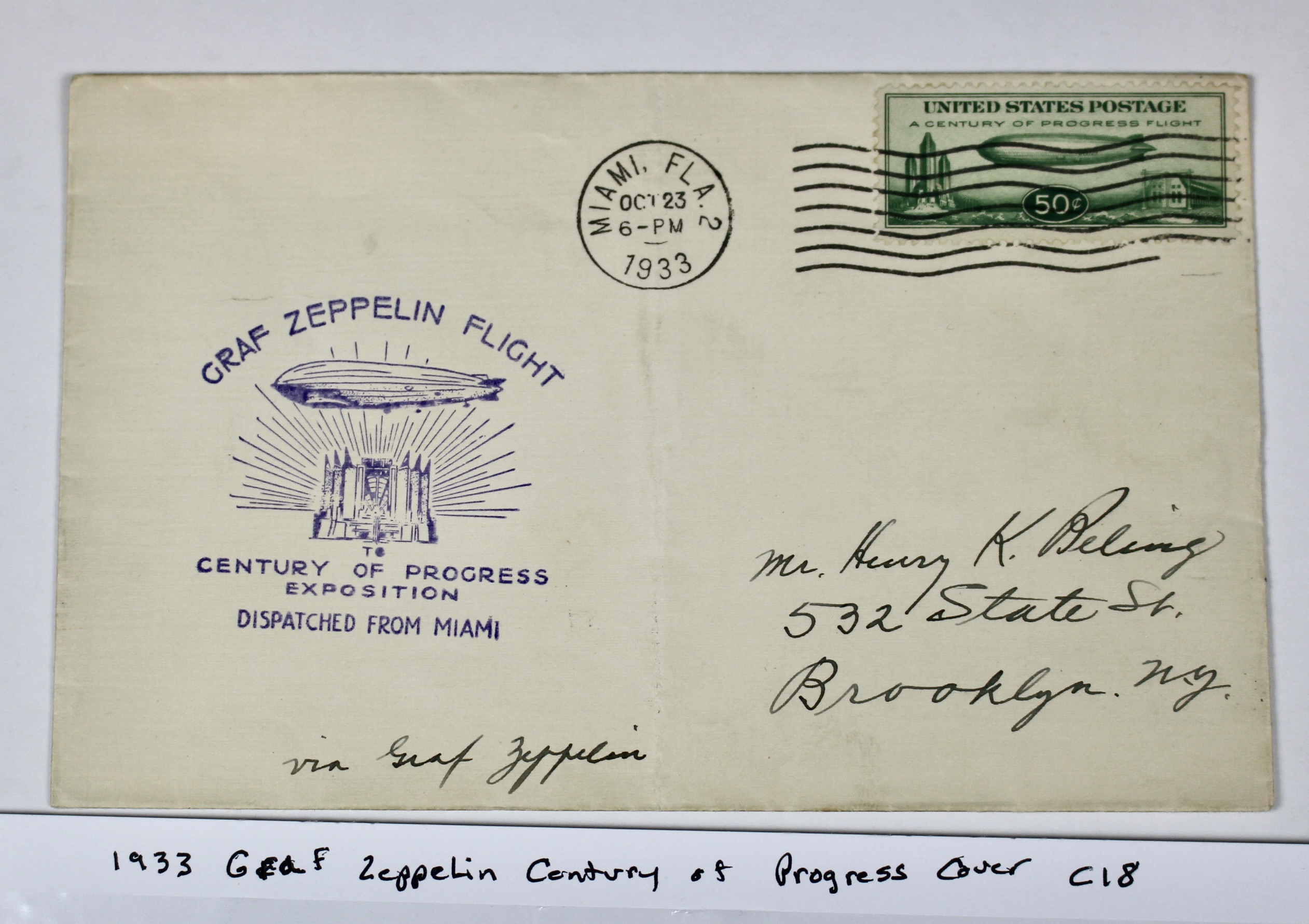 1933 Century Of Progress Graf Zeppelin Postal Cover, Features Stamp C18