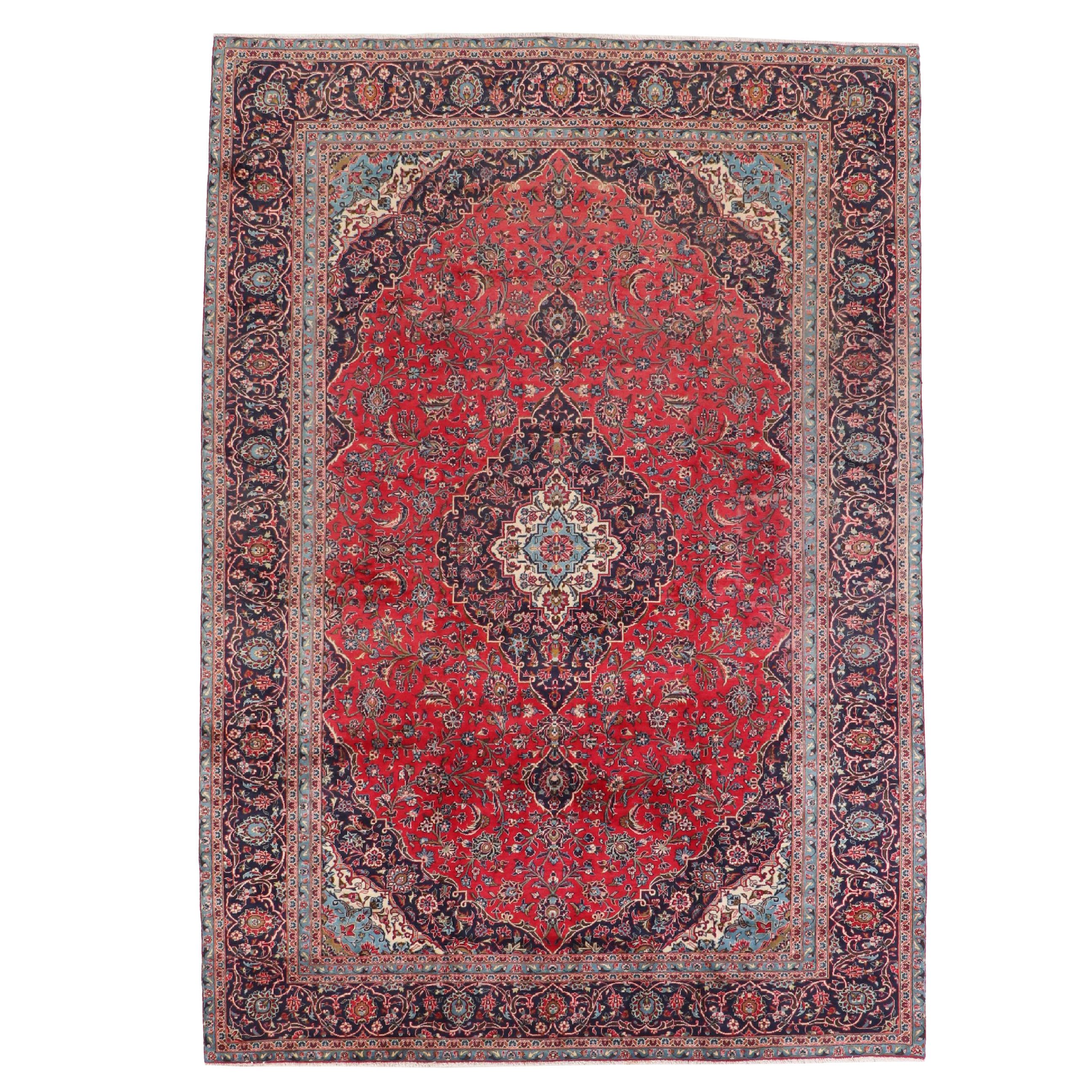 9'2 x 13'3 Hand-Knotted Persian Kashan Room-Sized Rug