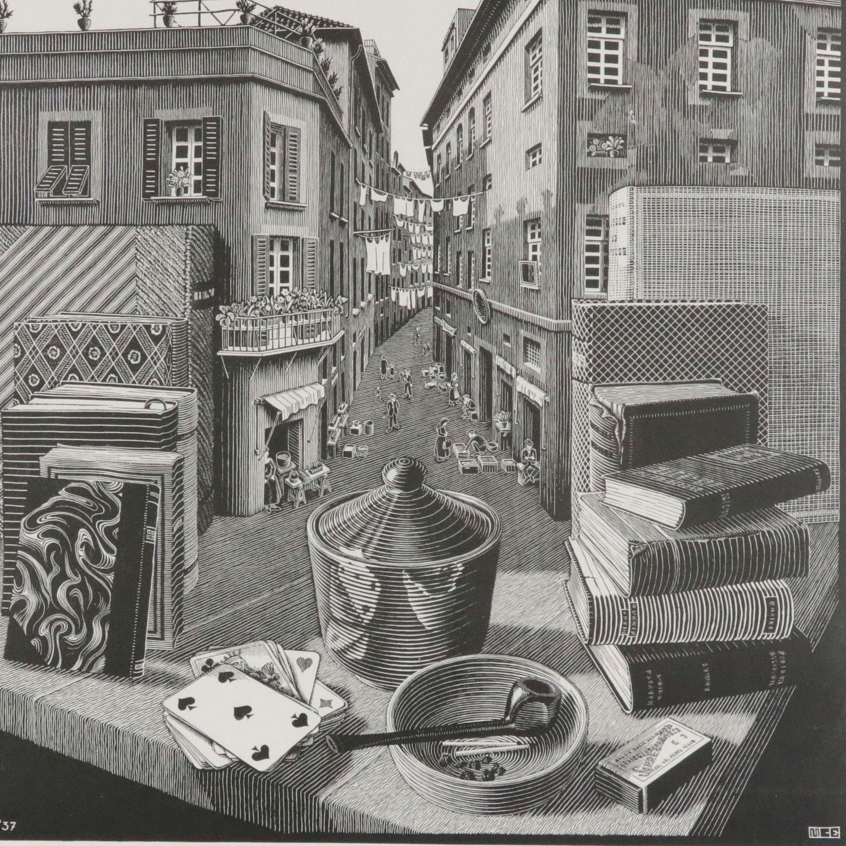 Lithograph After M. C. Escher "Still Life and Street"