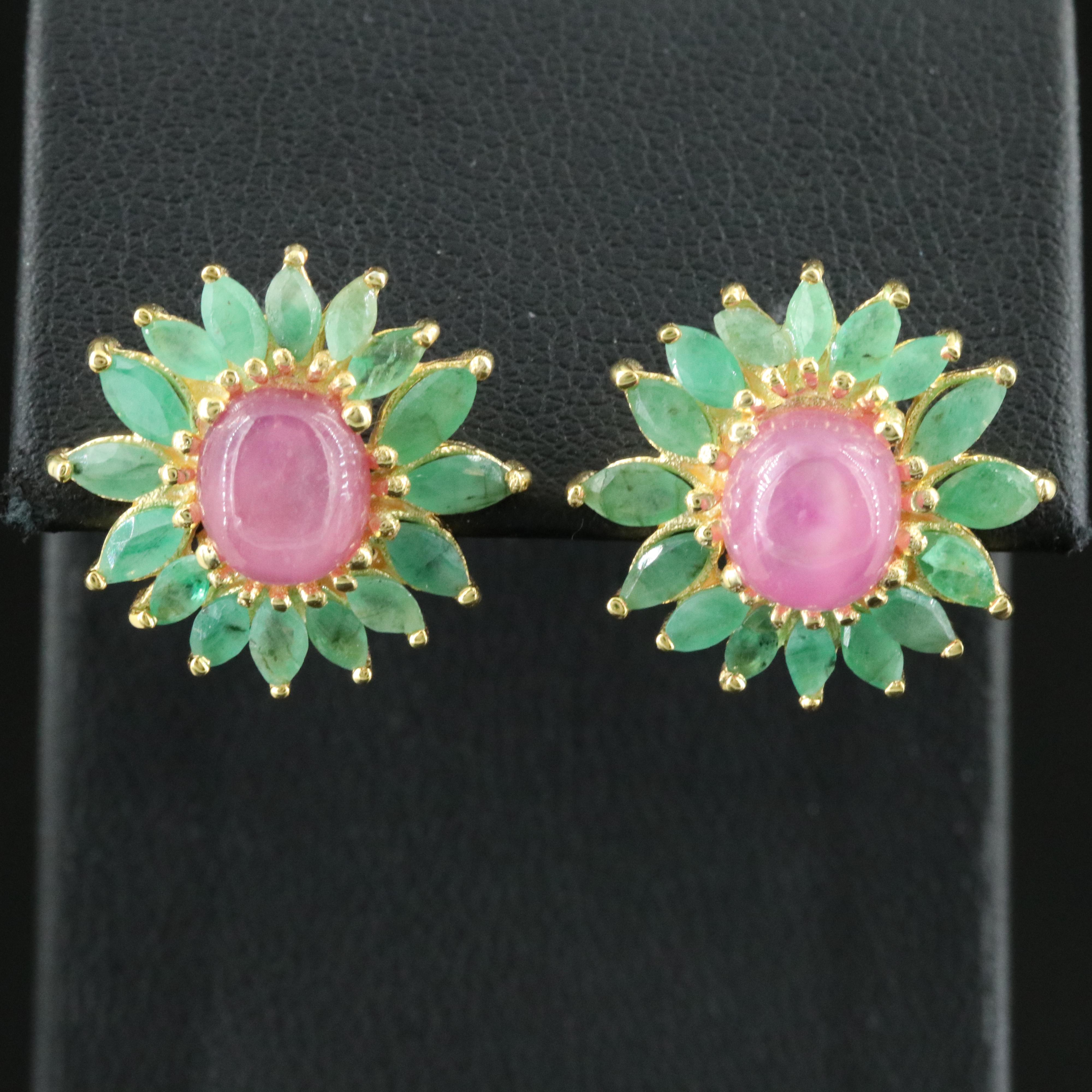 Sterling Ruby and Emerald Flower Earrings