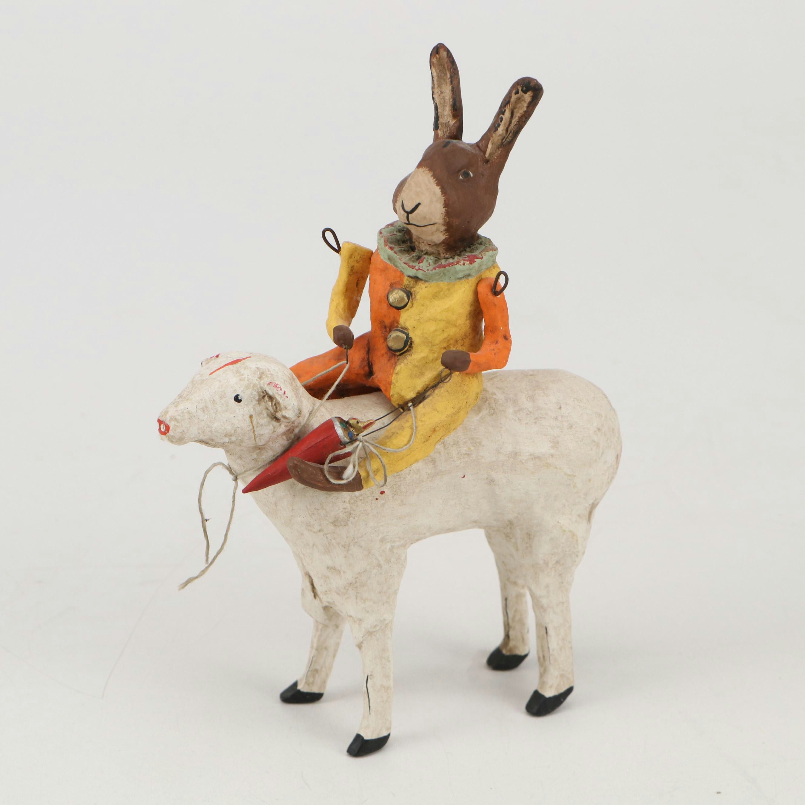 Debbee Thibault Folk Art Style Composite Figurine of Clown Rabbit Riding Ram