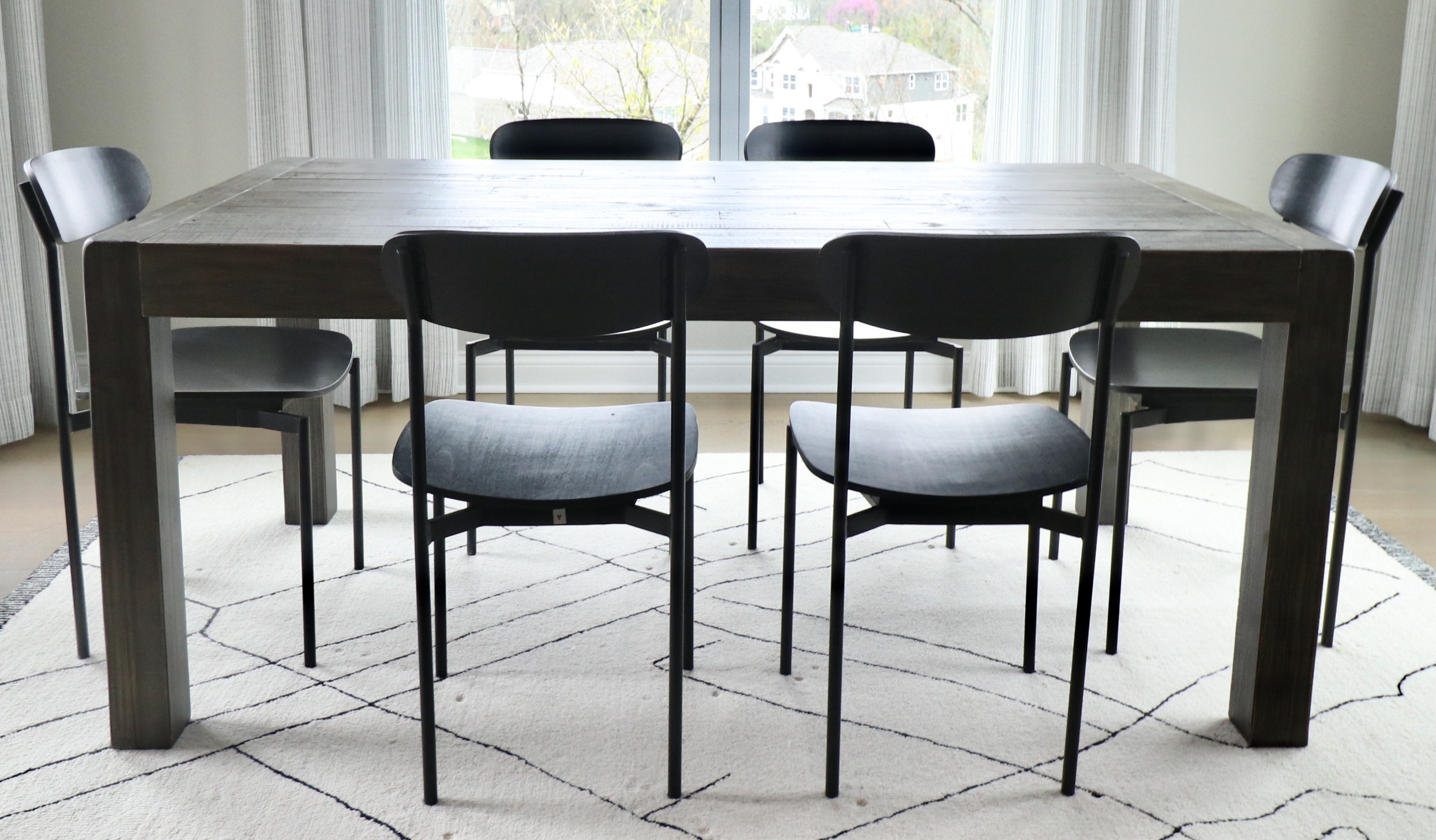 P.G.T. Reclaimed Wood Farmhouse Style Table and Pottery Barn "Wyatt" Wood Chairs