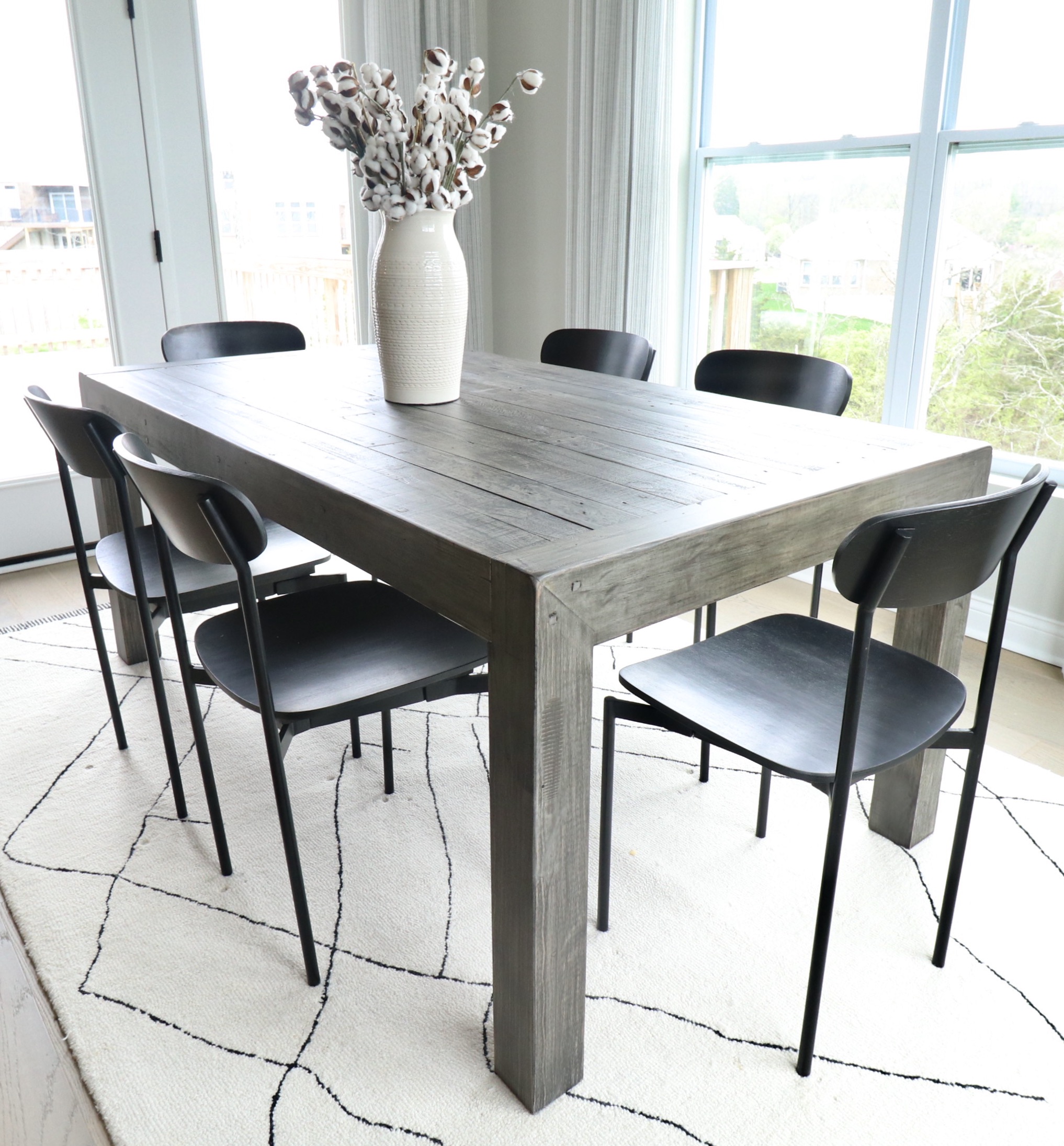 P.G.T. Reclaimed Wood Farmhouse Style Table and Pottery Barn "Wyatt" Wood Chairs