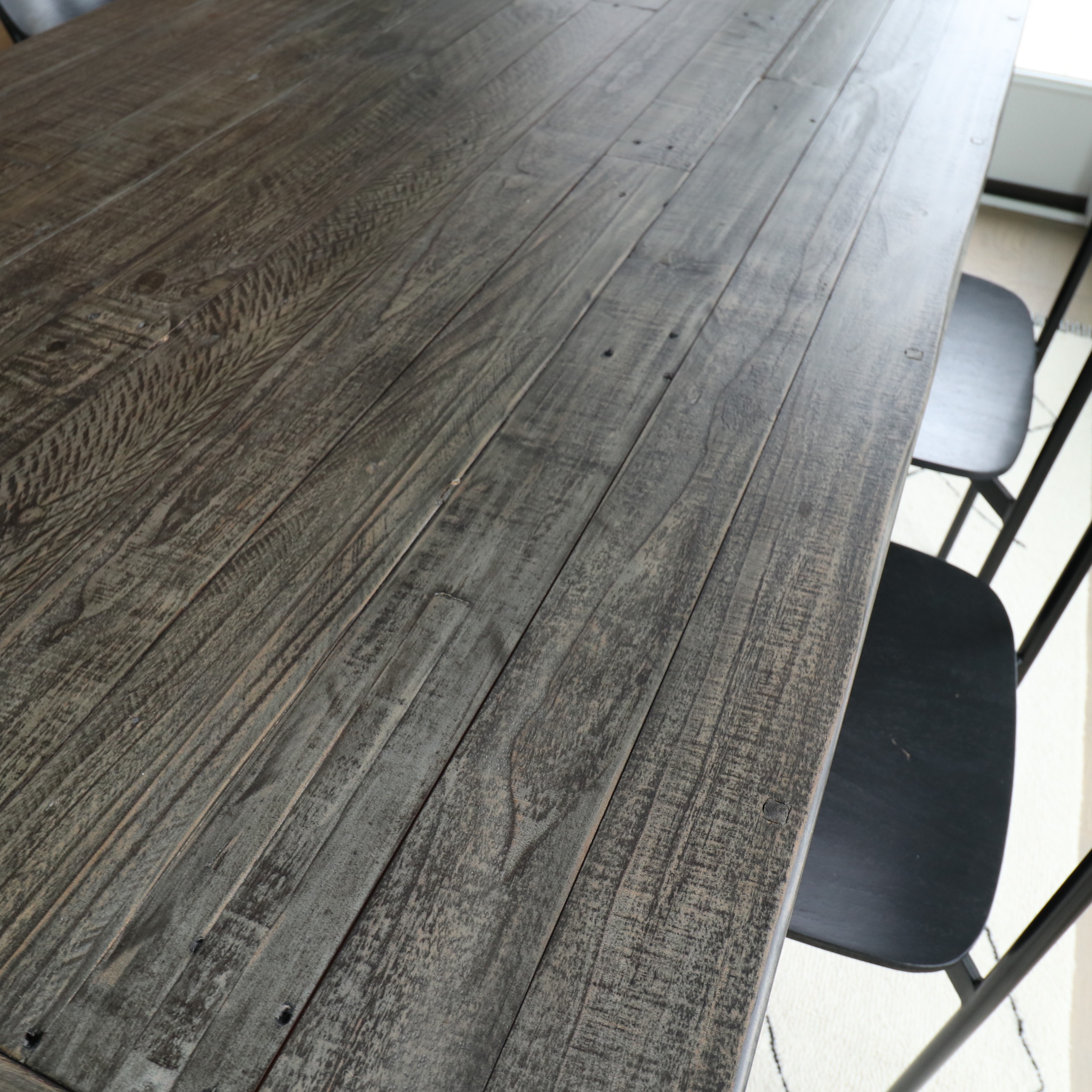 P.G.T. Reclaimed Wood Farmhouse Style Table and Pottery Barn "Wyatt" Wood Chairs