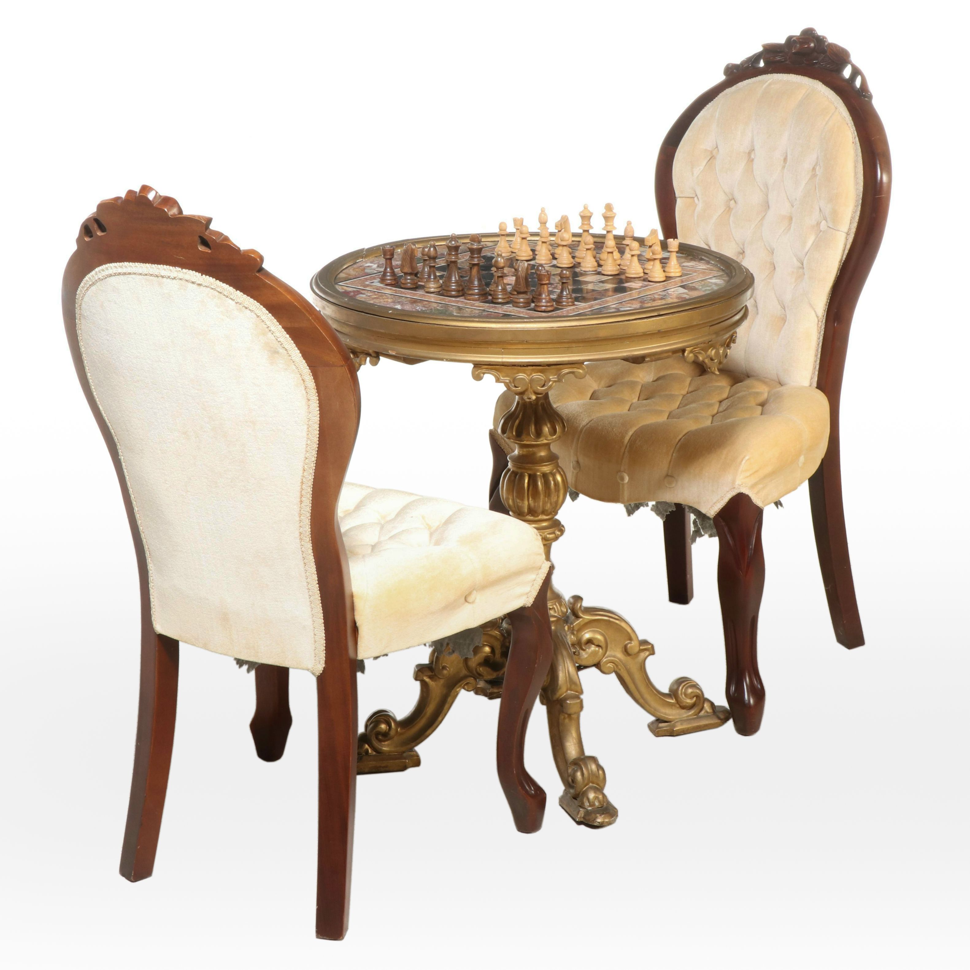 Italian Giltwood and Specimen Marble Table and Gaming Set