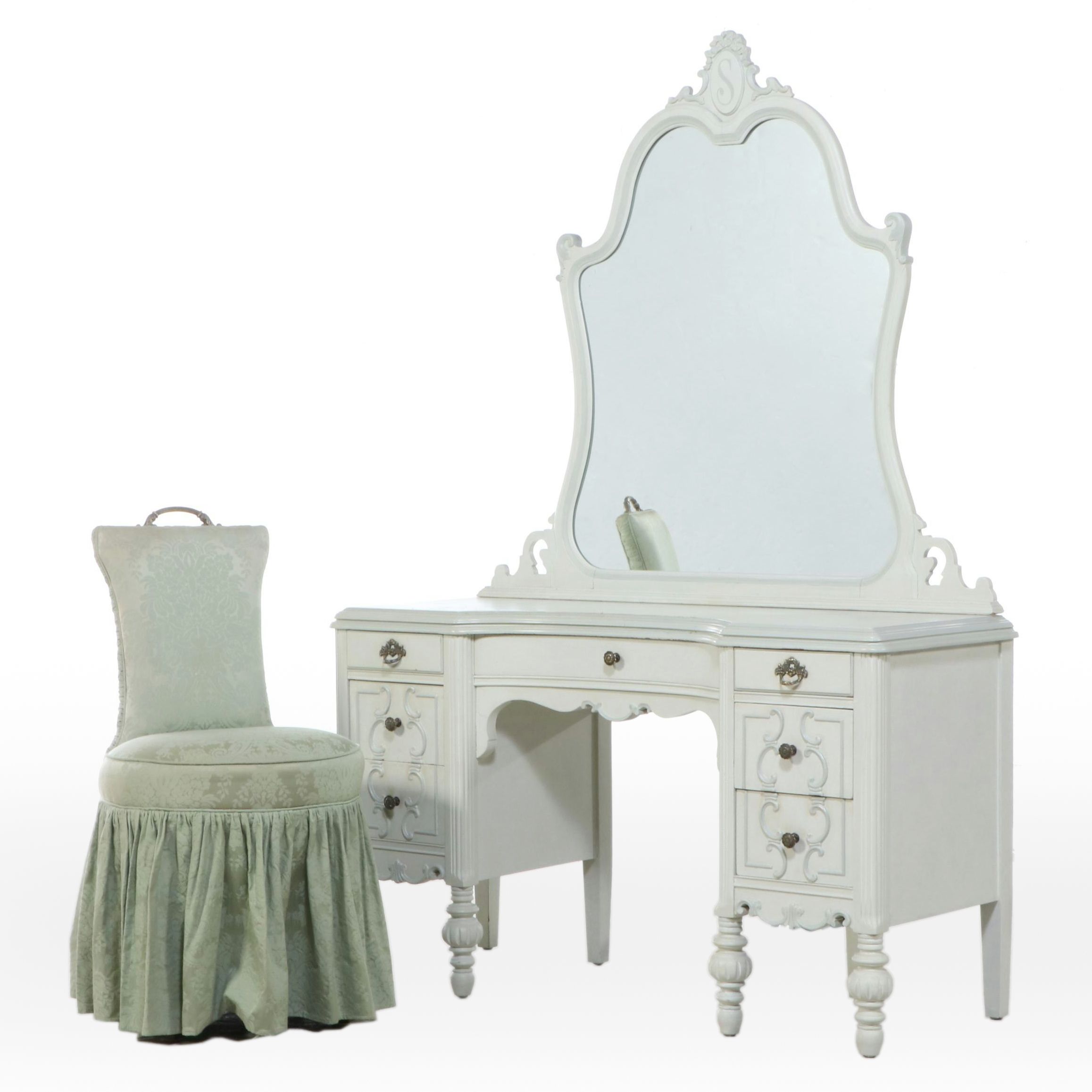 French Provincial Style Painted Wood Vanity with Skirted Stool
