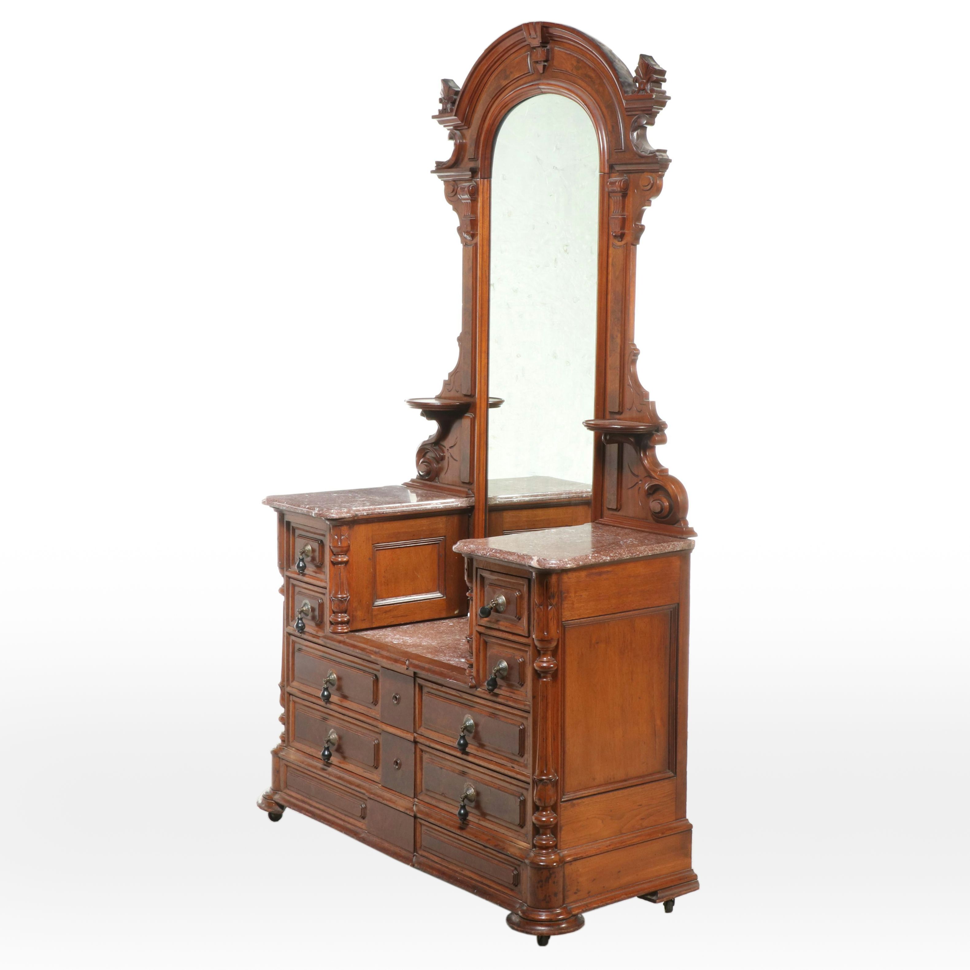 Victorian Eastlake Style Walnut Marble Top Drop Well Dresser, Late 19th Century