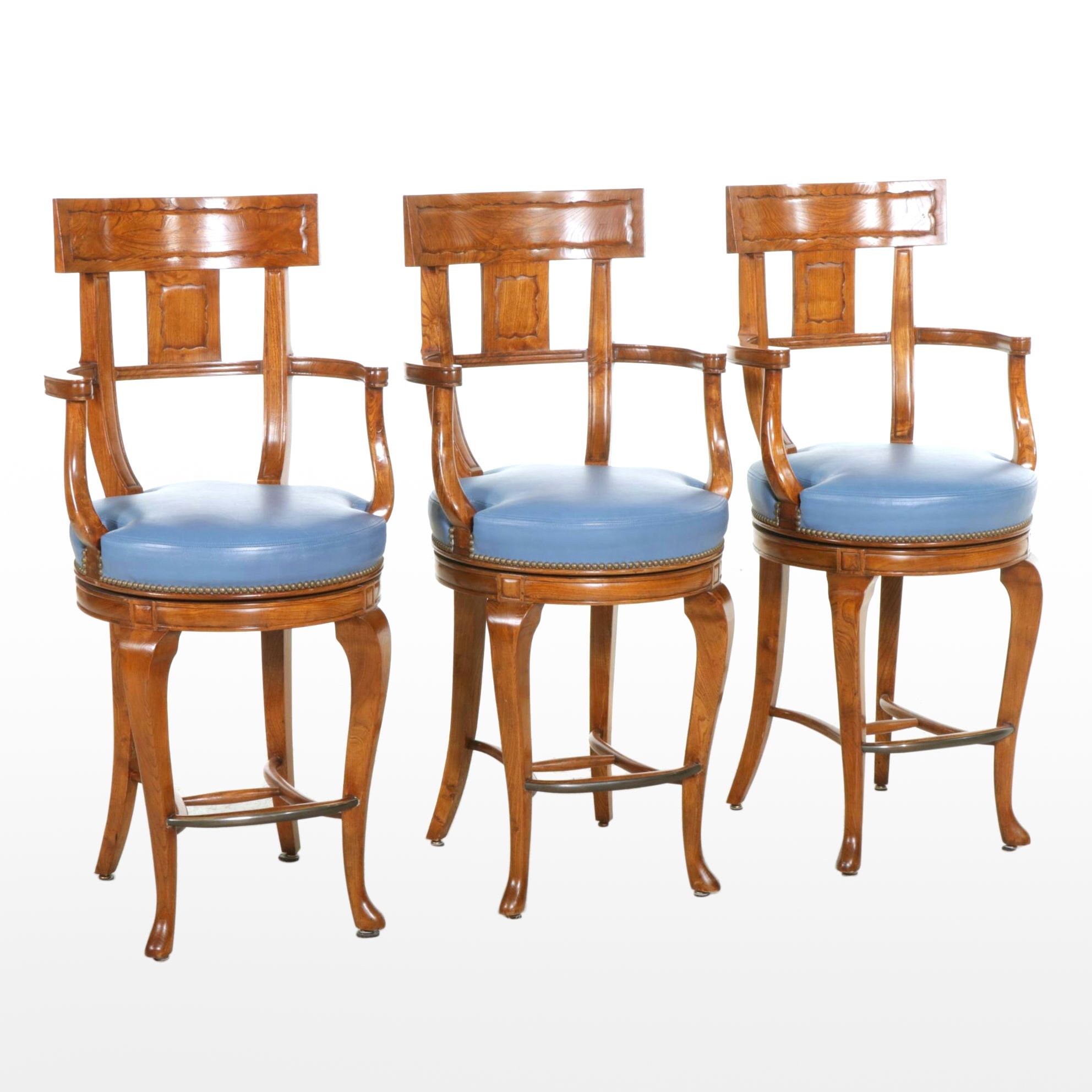 Three Leather Upholstered Walnut Swivel Bar Stools, 21st Century