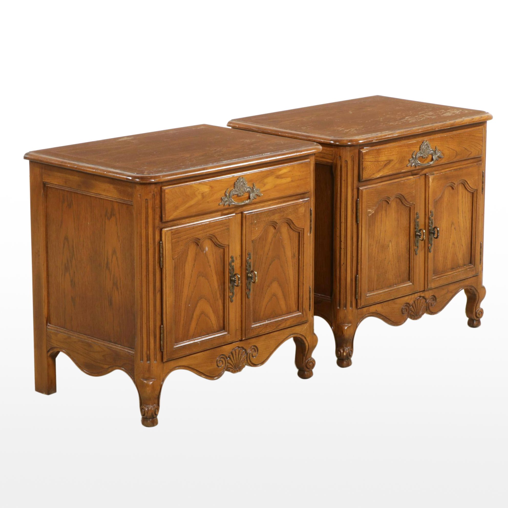 Baker Furniture Louis XV Style Oak Nightstands with Electrical Outlets, Pair