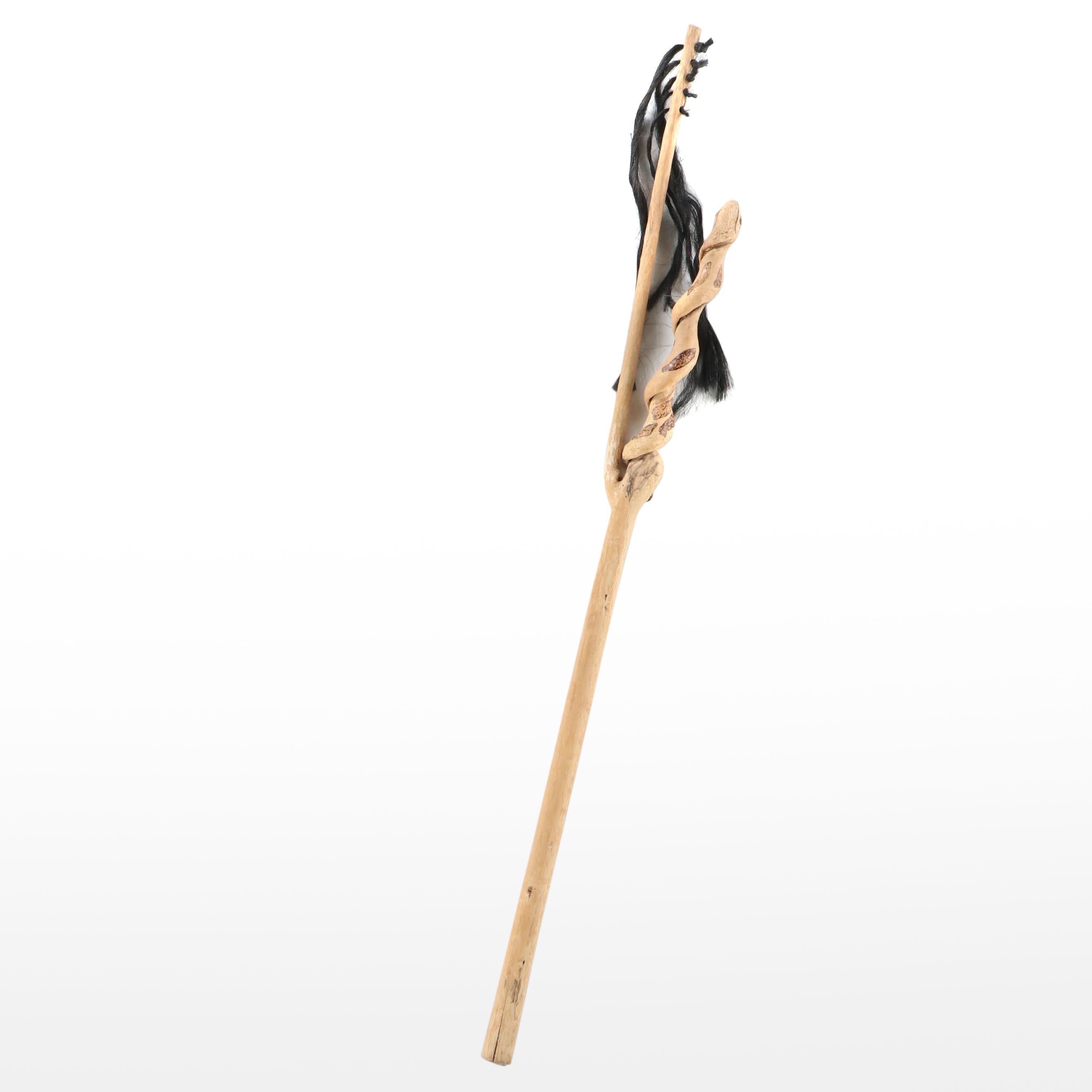 Hand-Carved Vining Wood Shamanic Staff with Synthetic Hair Fibers