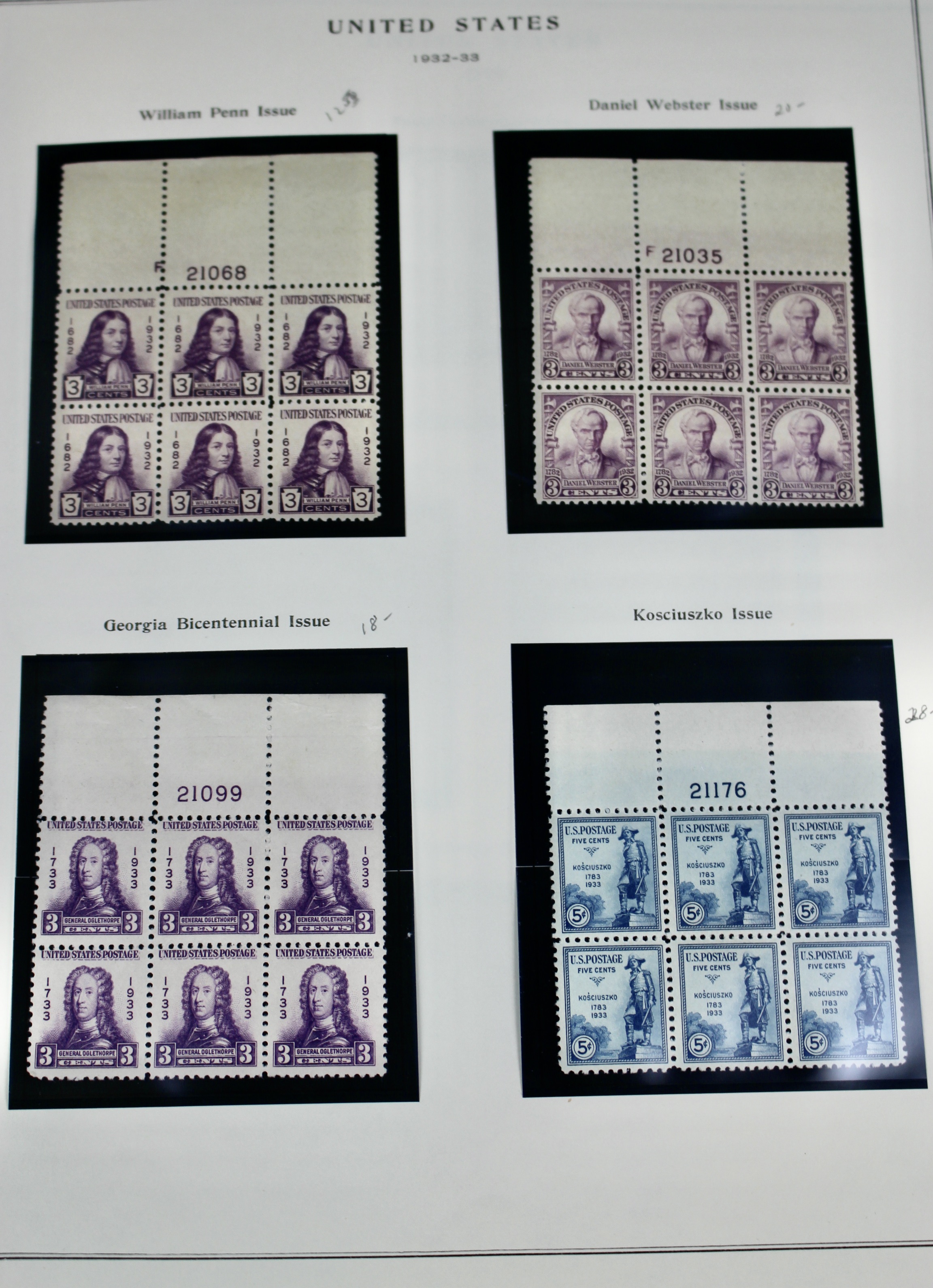 Early Group of MNH Postage Stamp Plate Blocks, 1923 to 1933