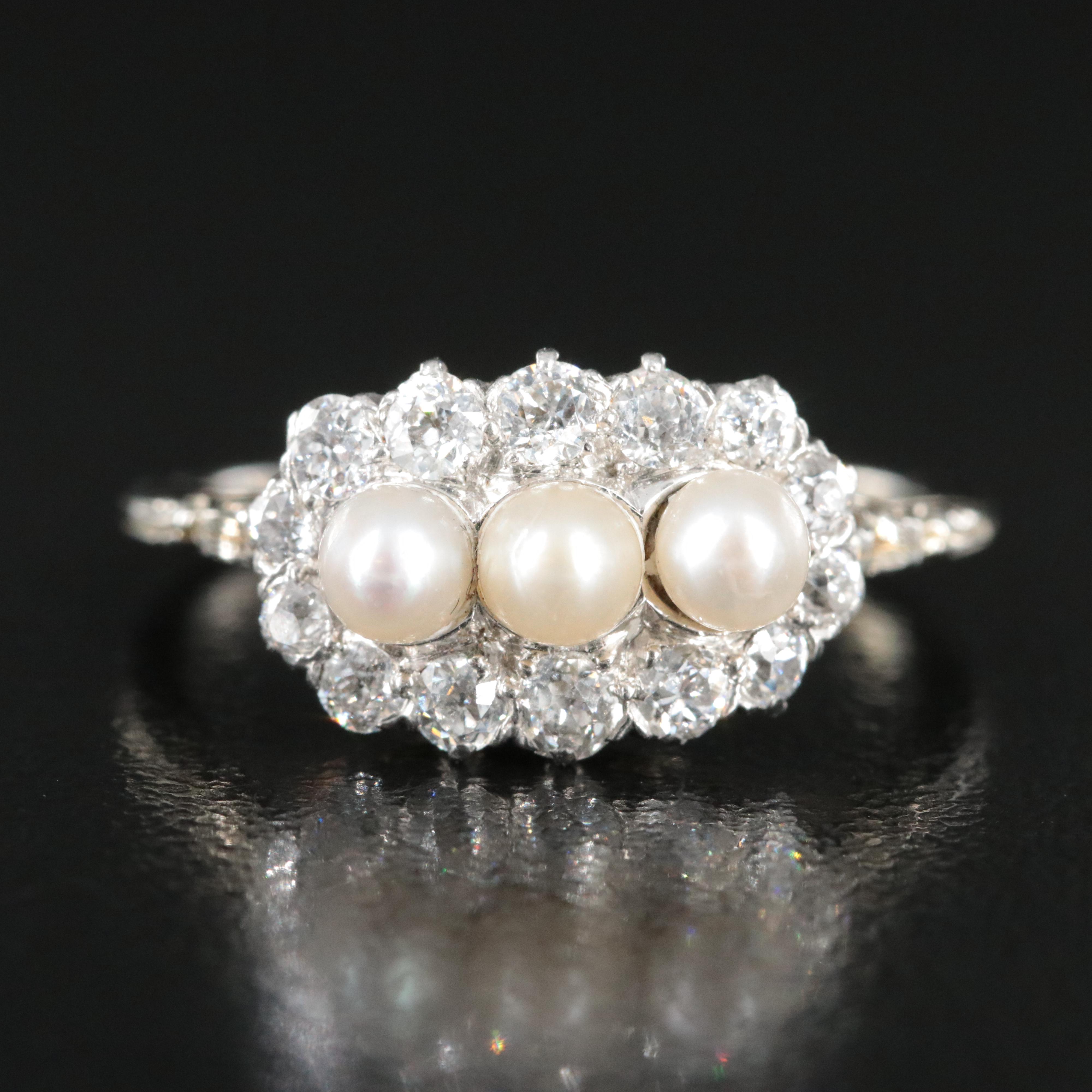 Edwardian 18K Pearl and Diamond Ring with Platinum Accents