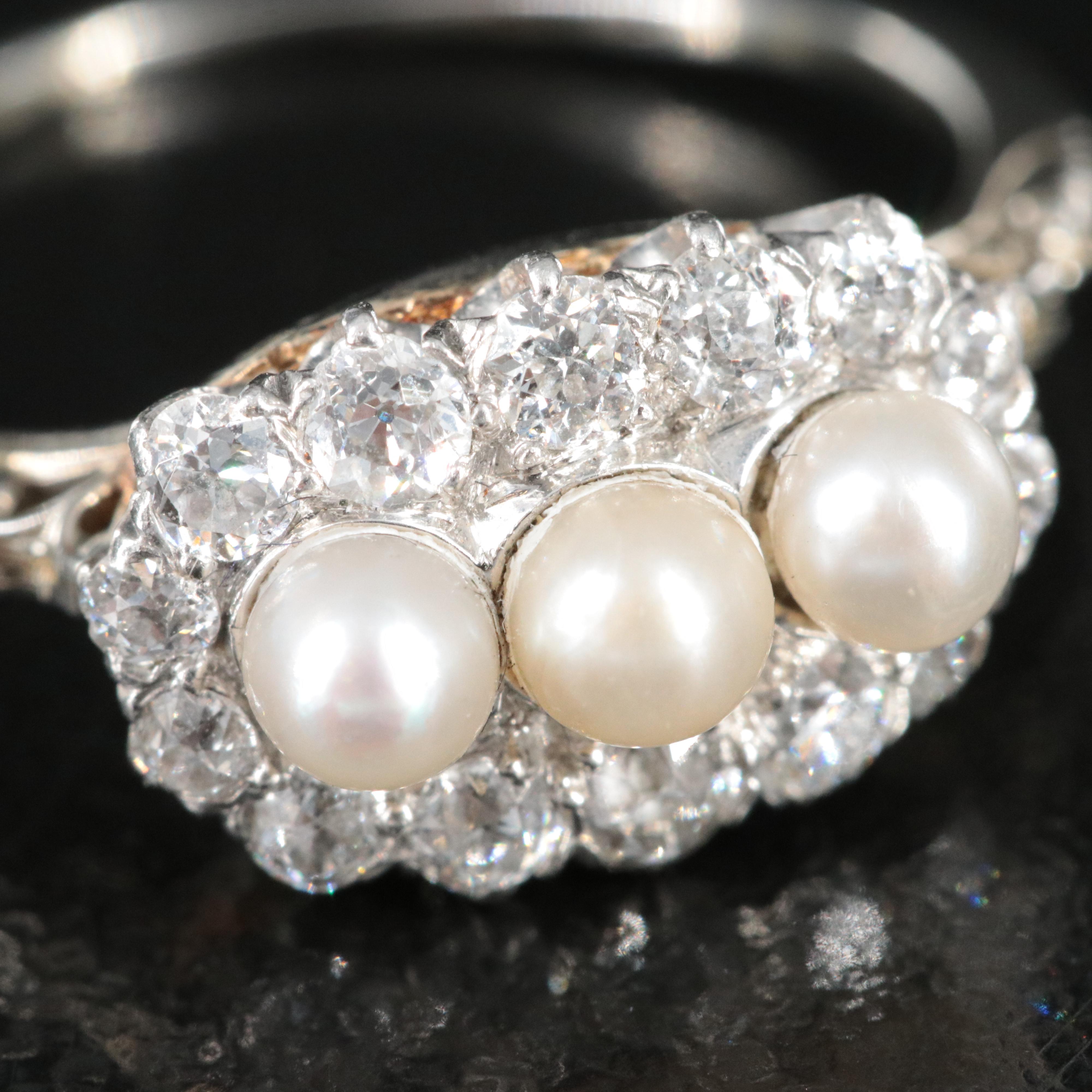 Edwardian 18K Pearl and Diamond Ring with Platinum Accents