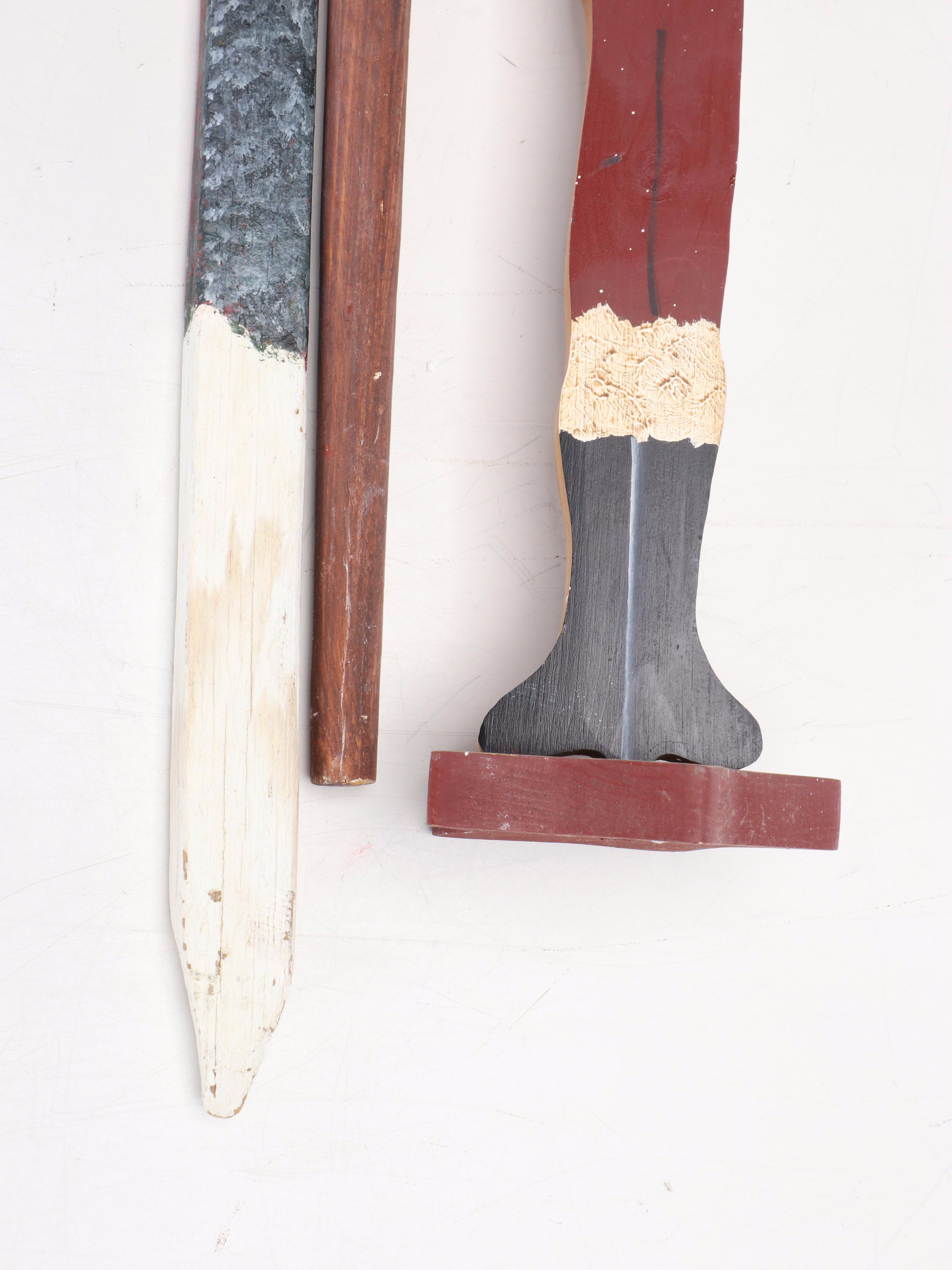 Folk Art Style Paint-Decorated Wooden Santa Claus Figure and Walking Sticks