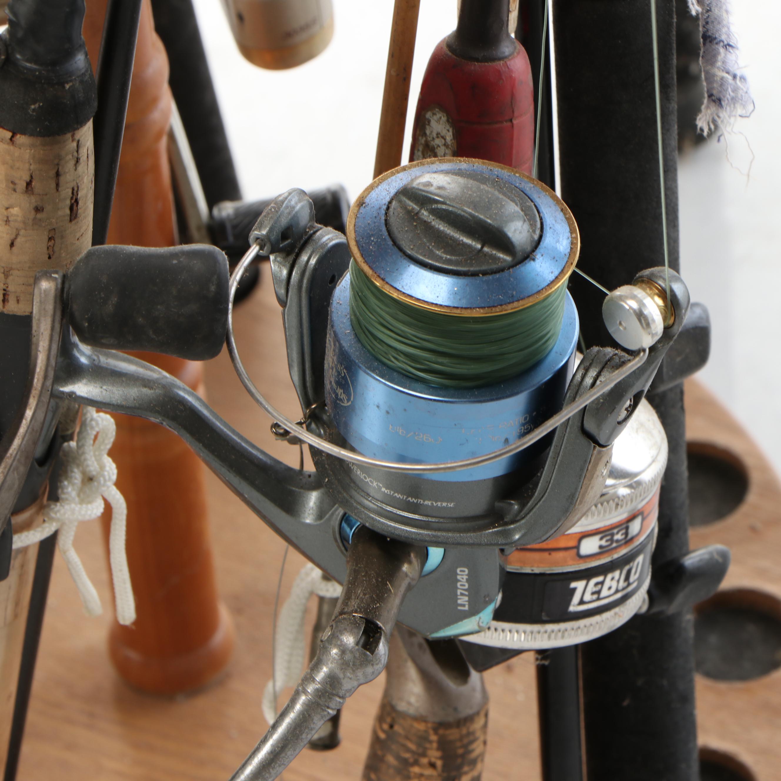 Fishing Rods with Rod Display Reel, Tackle Box, and Supplies