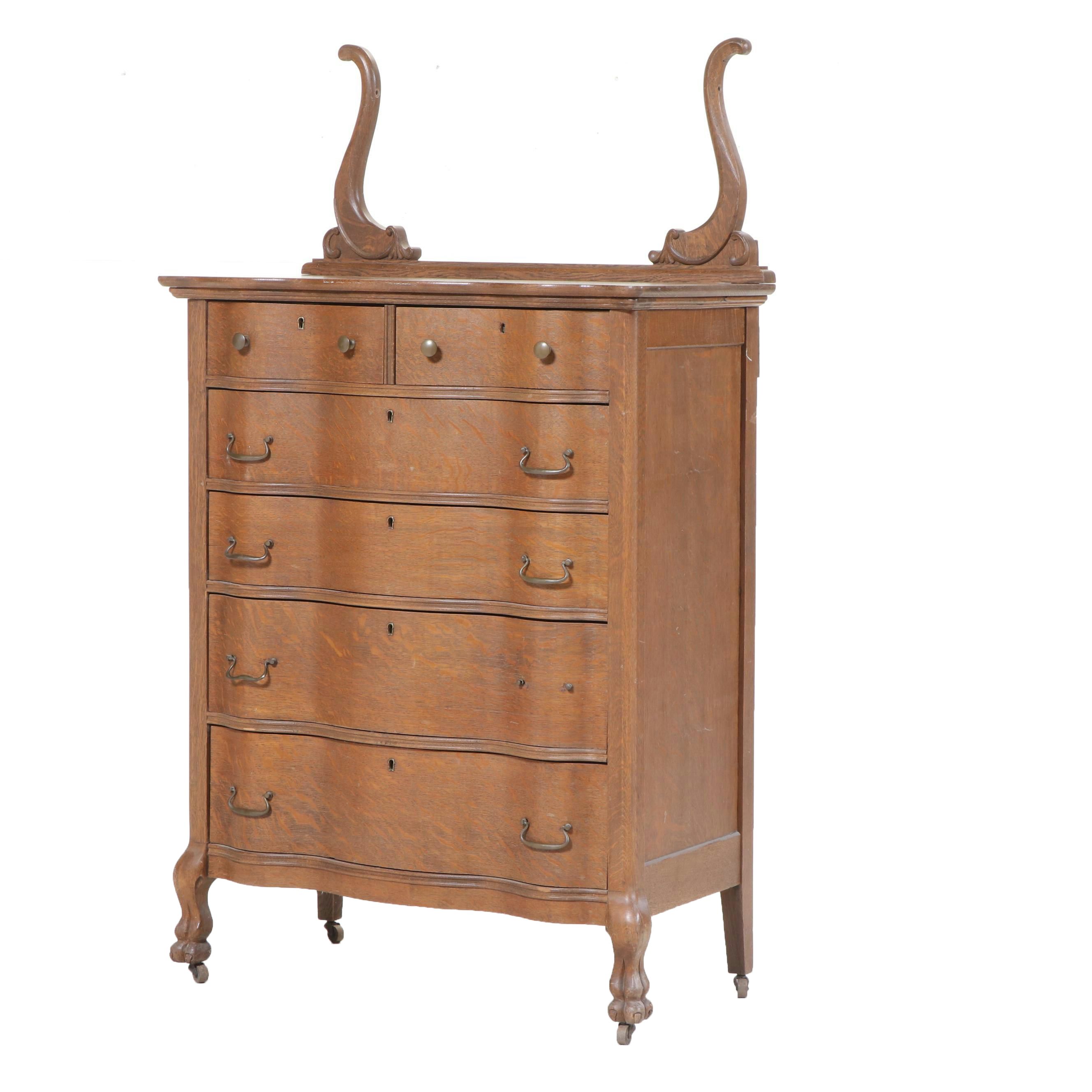Colonial Revival Carved and Quartersawn Oak Six-Drawer Serpentine Chest, C. 1900