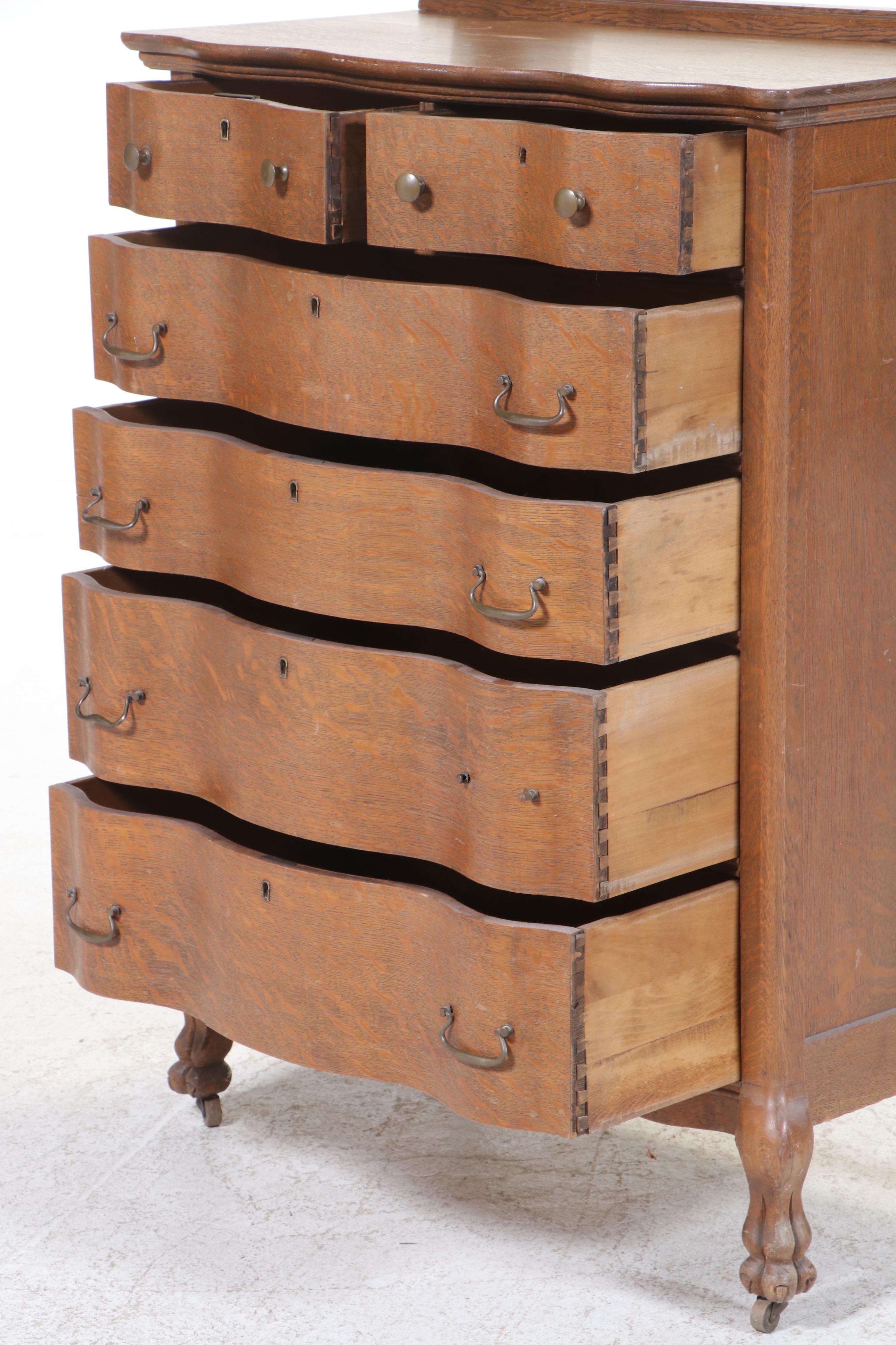 Colonial Revival Carved and Quartersawn Oak Six-Drawer Serpentine Chest, C. 1900