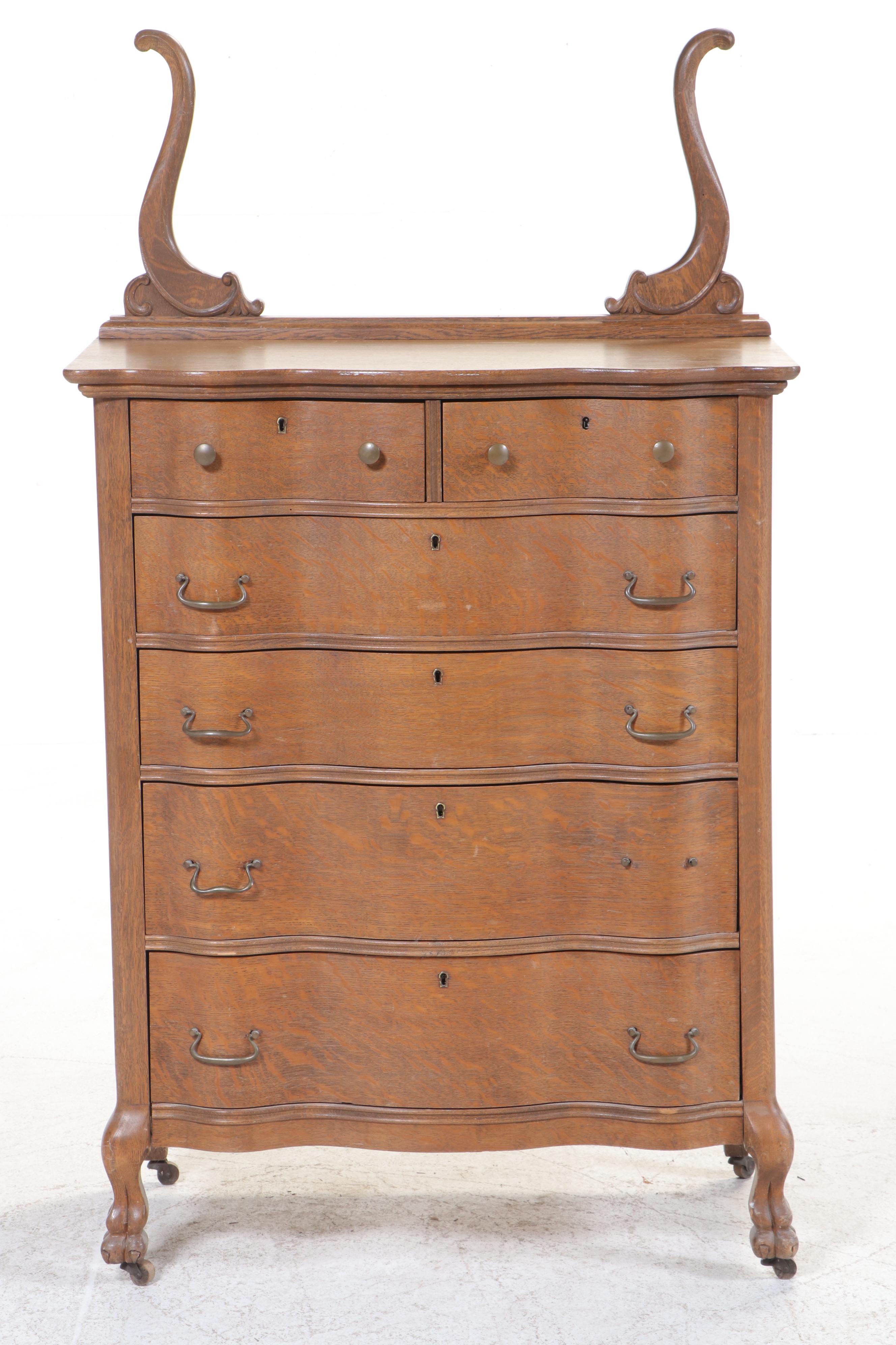 Colonial Revival Carved and Quartersawn Oak Six-Drawer Serpentine Chest, C. 1900