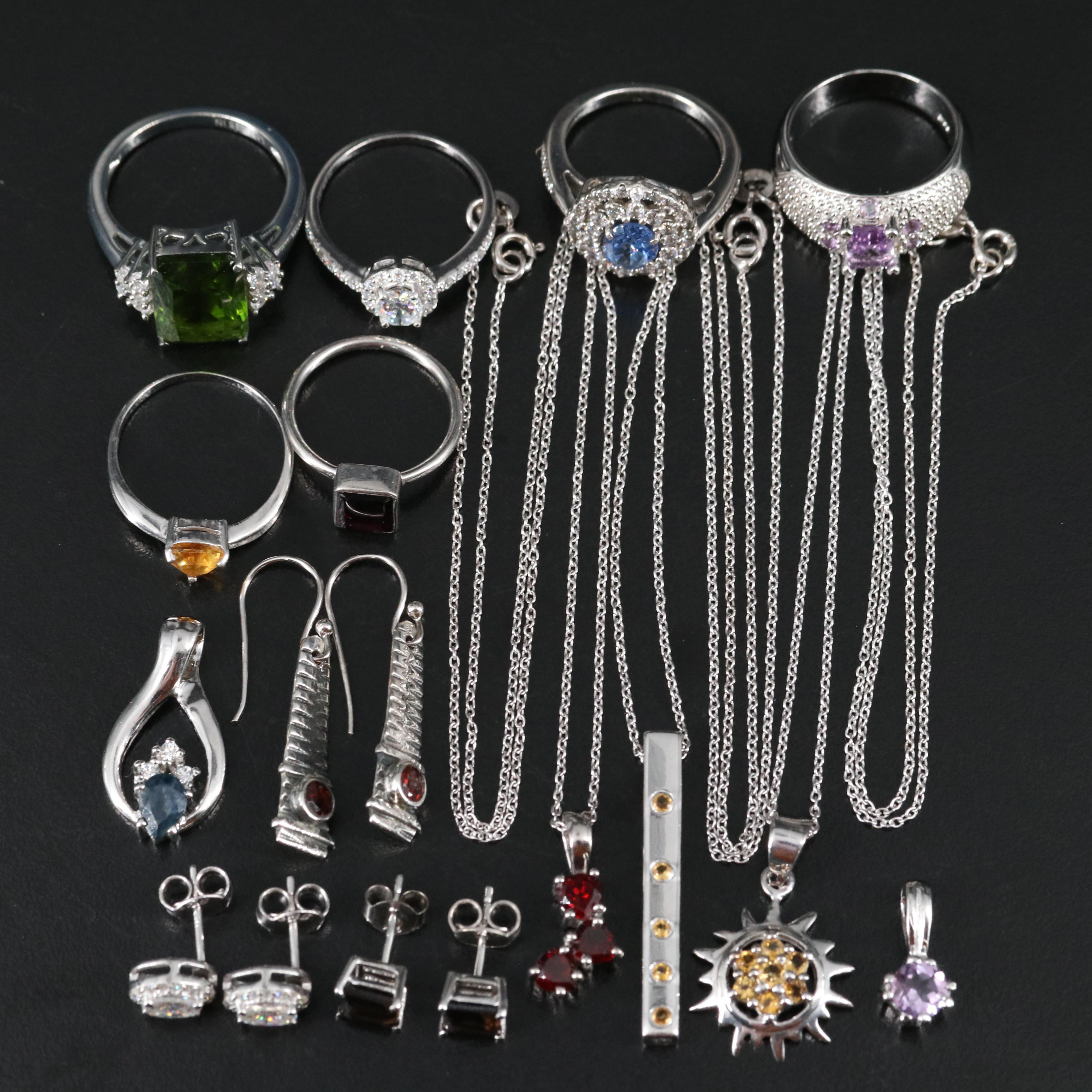 14 Assorted Sterling Silver Rings, Necklaces, Earrings, and Pendants