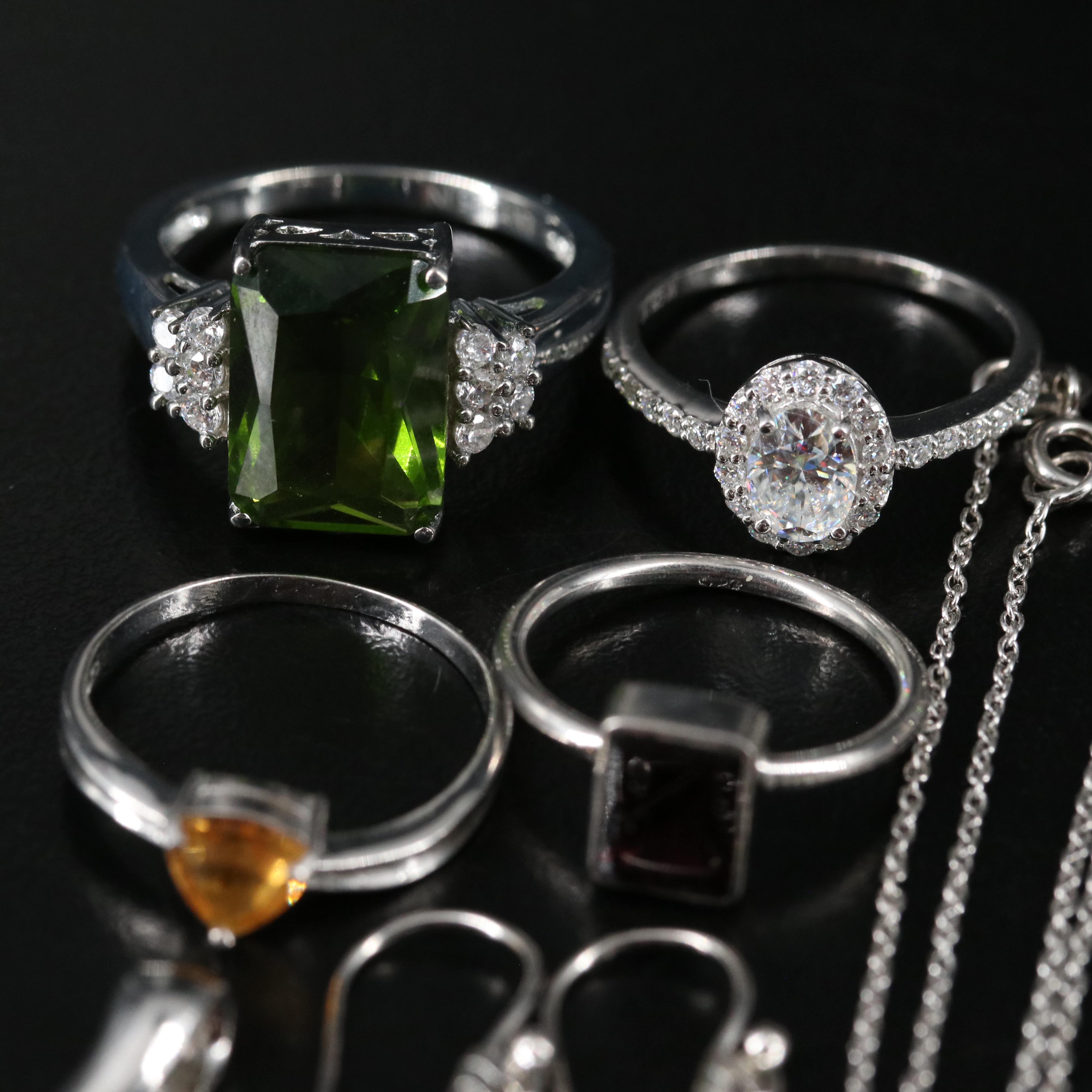 14 Assorted Sterling Silver Rings, Necklaces, Earrings, and Pendants